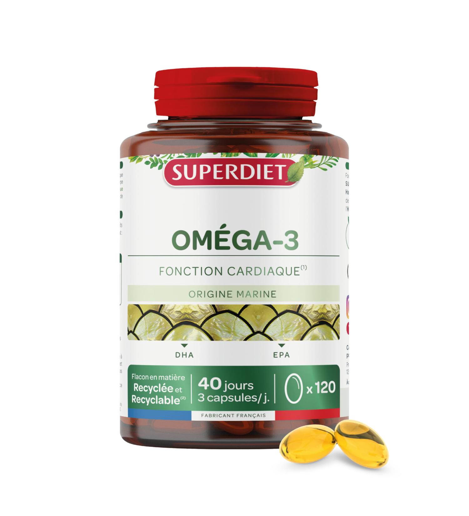 SUPERDIET - OMEGA 3 - DHA - EPA - Heart function - Wild fish oil - Nutritherapy - Packaged in France - 120 capsules - Buy Online on GoSupps.com