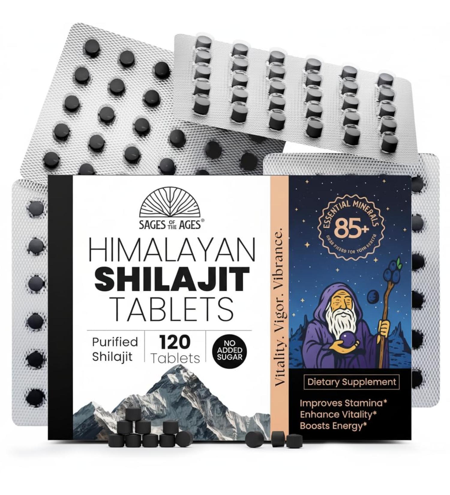 Sages Of The Ages Himalayan Shilajit Tablets Pure Gold-Grade Himalayan Extract 200 mg Each 120 Count Organic Lab-Tested Fulvic Acid for Energy Stamina & Vitality Support for Men & Women - Buy Online on GoSupps.com