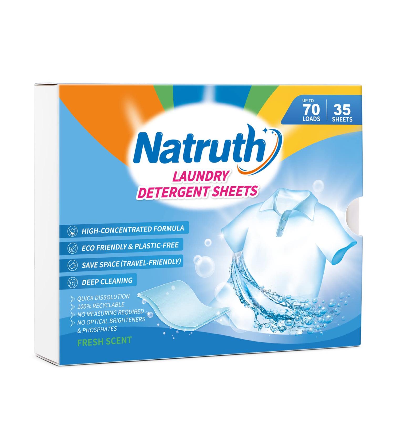 NATRUTH Natural Laundry Detergent Sheets - 35 Fresh Scented Biodegradable Strips for 70 Loads - Travel-Friendly & Plastic-Free - Buy Online on GoSupps.com