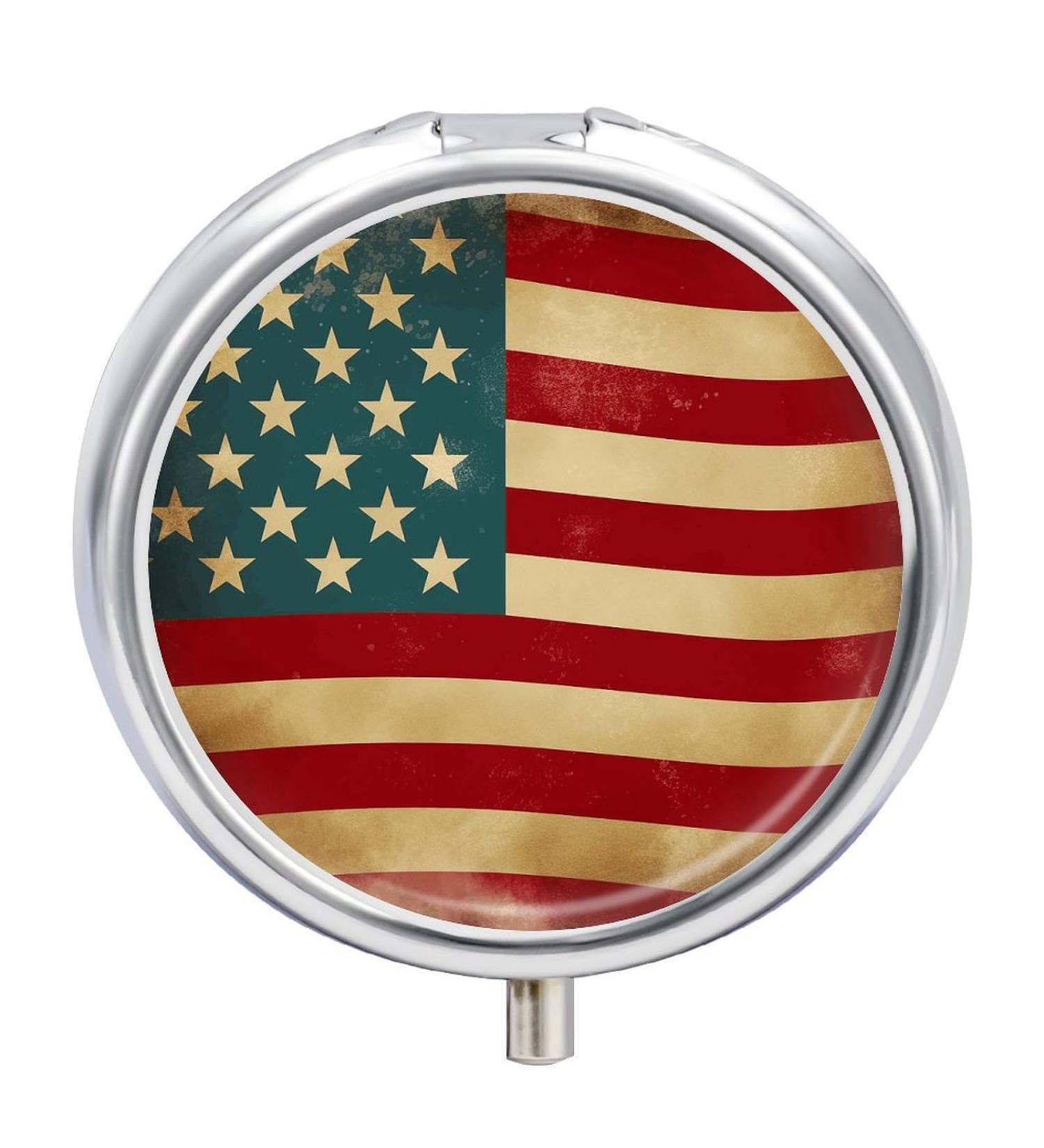Vintage American Flag Round Pill Box | 4th of July Pill Organizer | 3 Compartment Decorative Metal Pocket Case - Buy Online on GoSupps.com