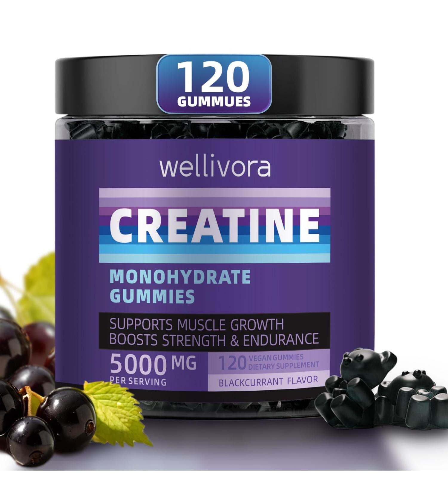 Creatine Monohydrate Gummy - 5000mg per Serving 120 Count - Supports Muscle Strength Endurance and Energy - Delicious Blackcurrant Flavor - Gluten-Free Vegan-Friendly - Buy Online on GoSupps.com