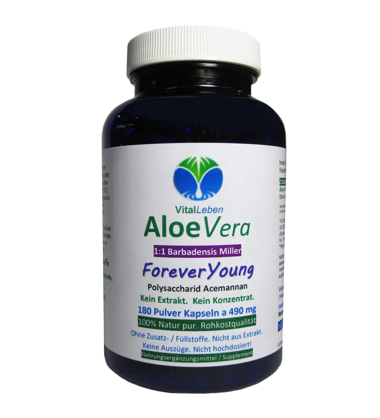 Forever Young Aloe Vera Gel 180 Powder Capsules - Pure Barbadensis Miller - No Extracts No Additives High Quality - Buy Online on GoSupps.com