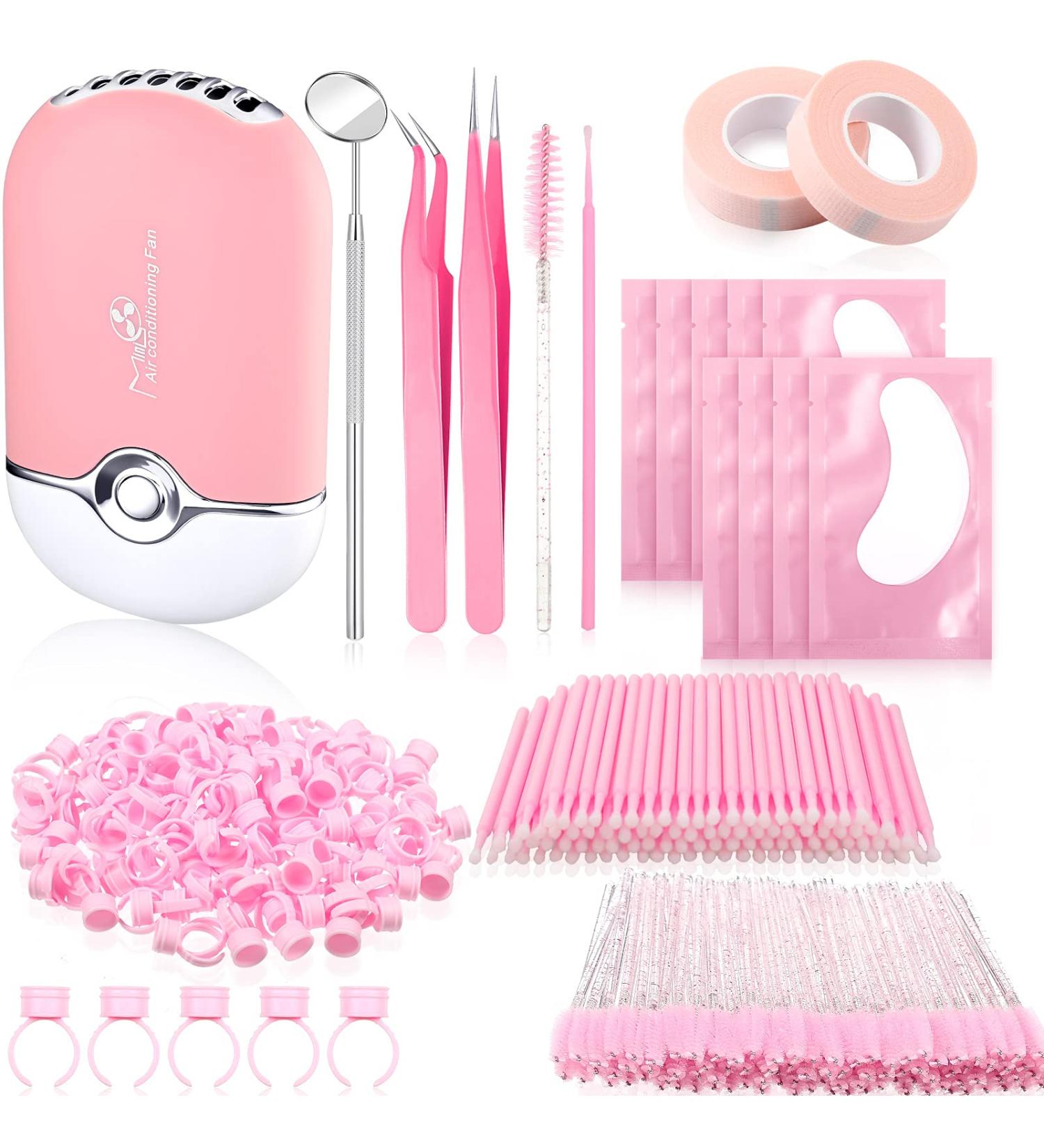 316 PCS Eyelash Extension Kit with Portable Air Conditioning Blower - Pink | Rechargeable Mini Fan, Mirror, Tapes, Tweezers & Brushes - Buy Online on GoSupps.com