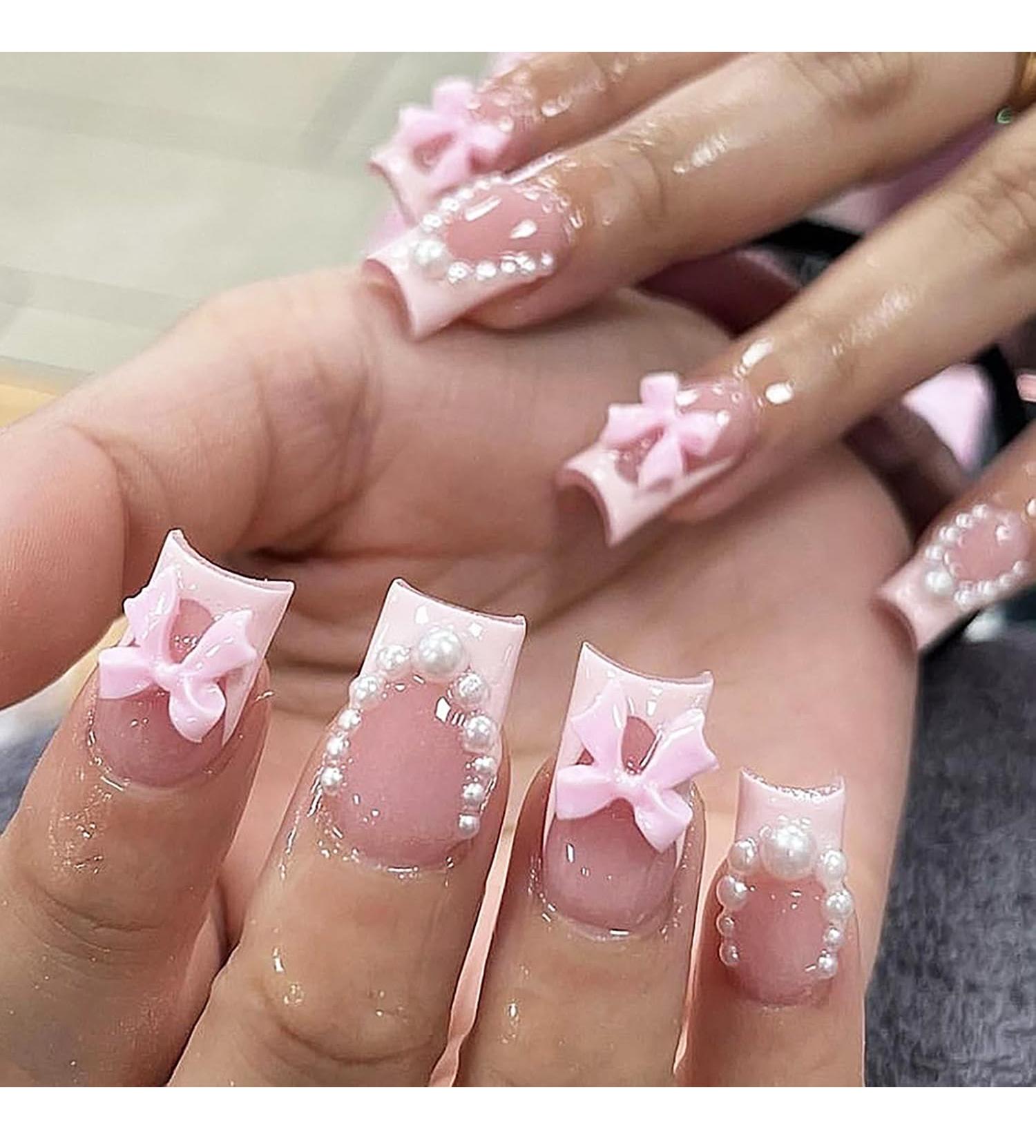 Shop Pink French Tip Press on Nails - Short Medium Square Full Cover with Pearl Bow Designs - 24 Pcs for Women & Girls - Buy Online on GoSupps.com