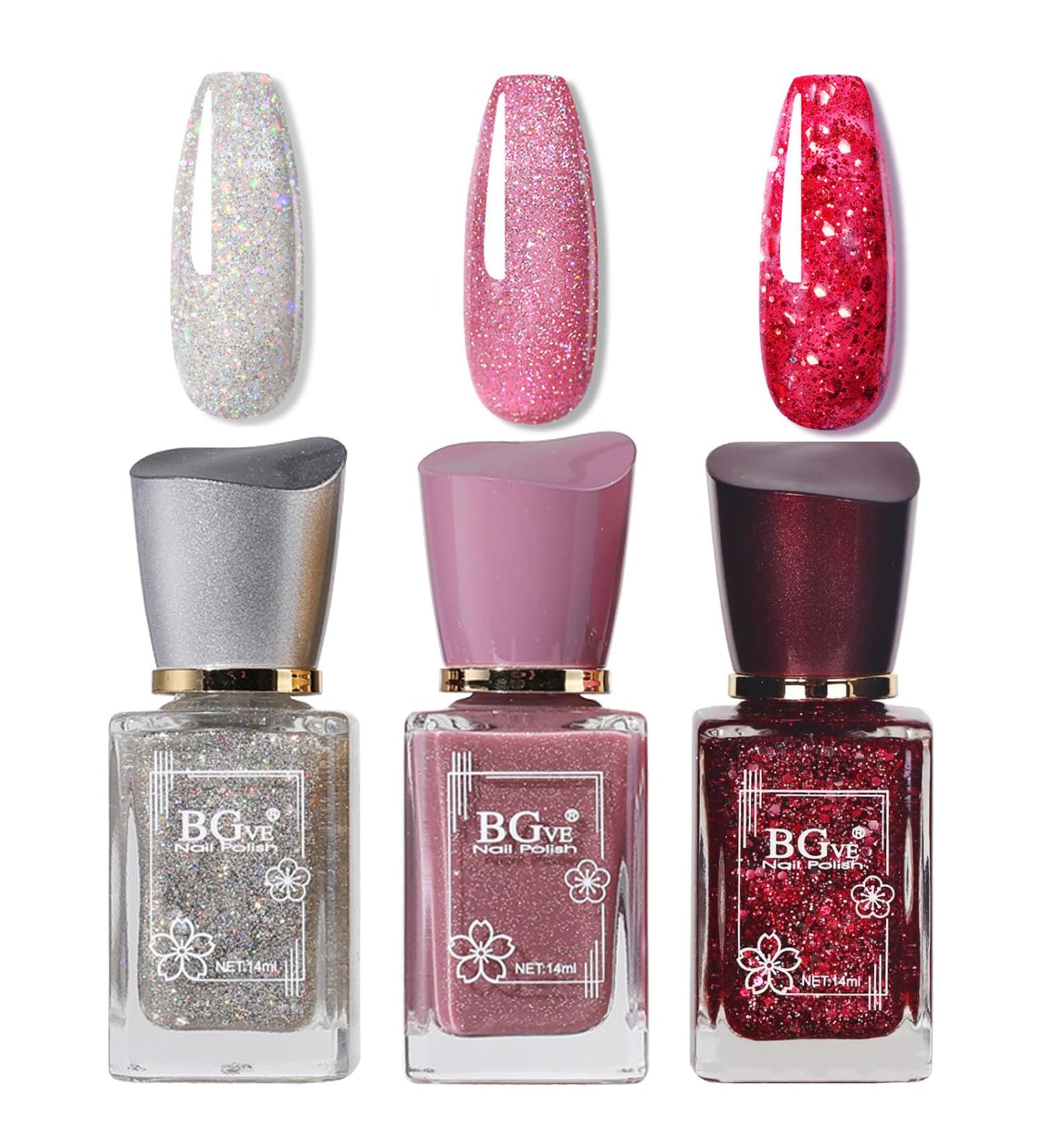 Rosarden Glitter Nail Polish Set - Sliver Pink Red Nail Varnish Set - 3Pcs Sparkly Shinny Natural Look Quick Dry Nail Varnish Gift Set DIY Long Lasting Nail Art Home Glitter Set - Buy Online on GoSupps.com