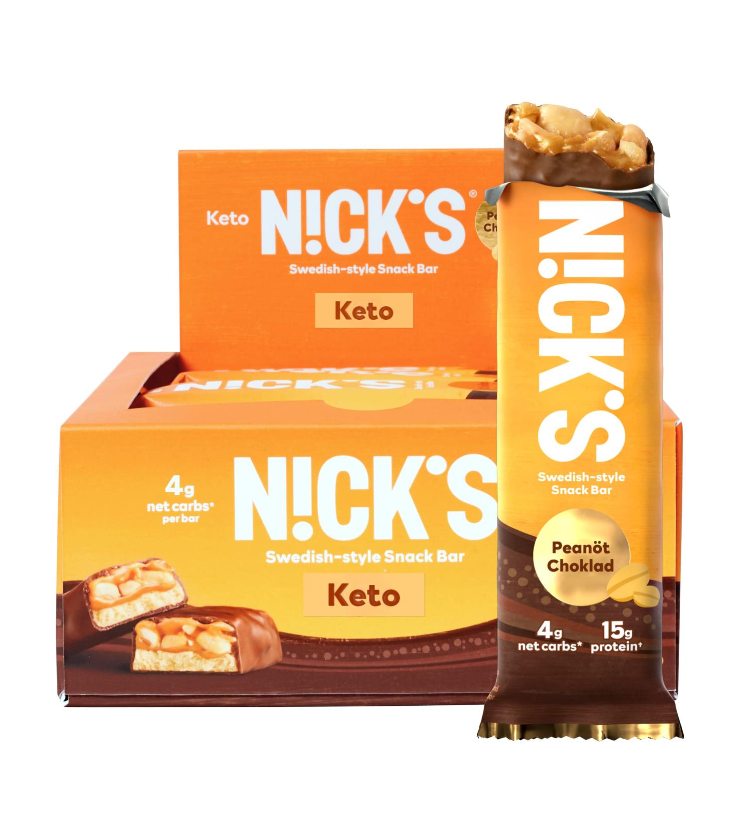 Nicks Keto Snack Bar - Chocolate Peanut, Low Carb, 15g Protein, No Added Sugar, 12-Count - Buy Online on GoSupps.com