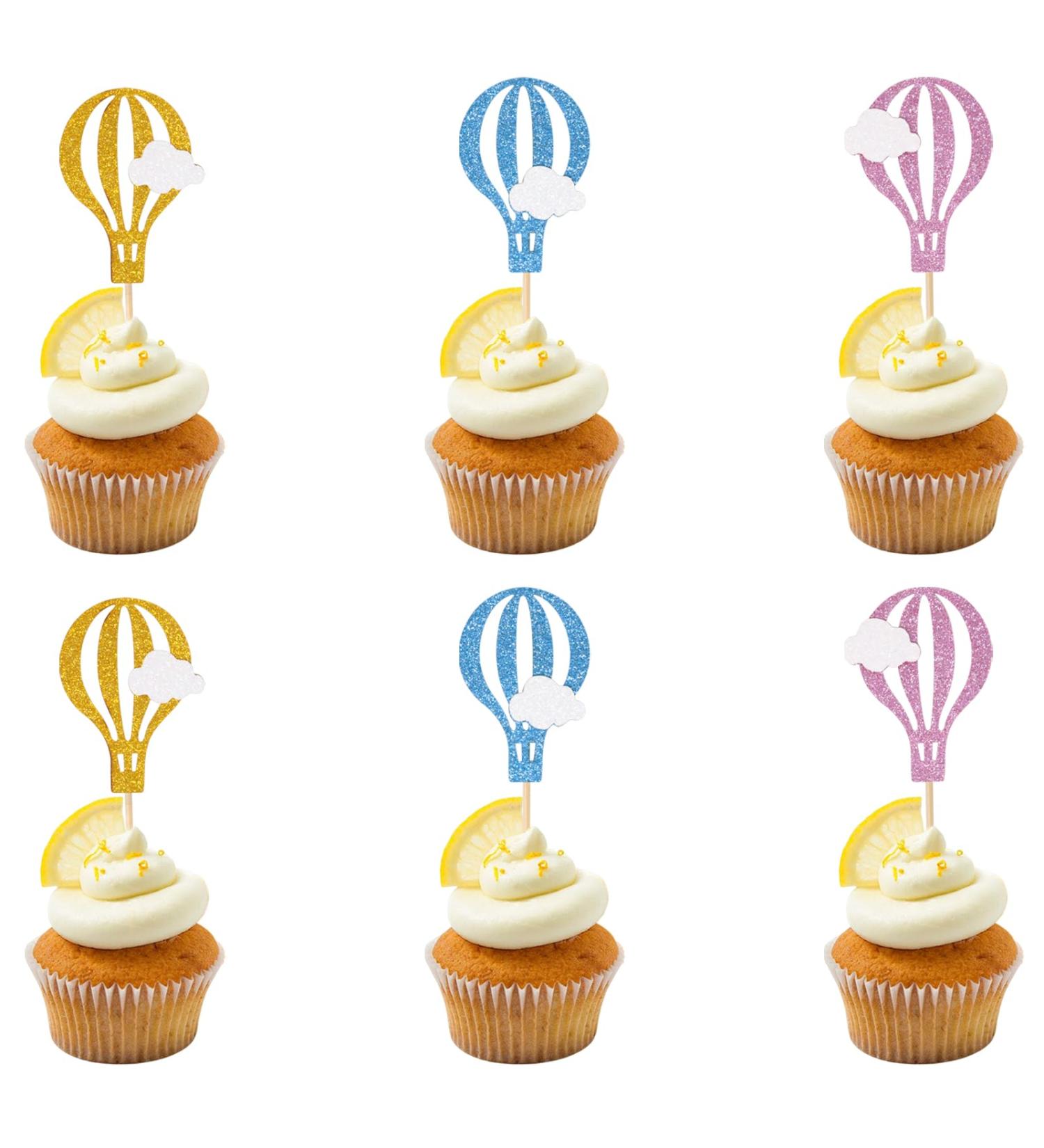 Honbay 24PCS Glitter Cupcake Toppers Creative Hot Air Balloon with Clouds Cake Toppers Fruit Dessert Picks Cake Decorations for Birthday Wedding Baby Shower Party (3 Color) - Buy Online on GoSupps.com