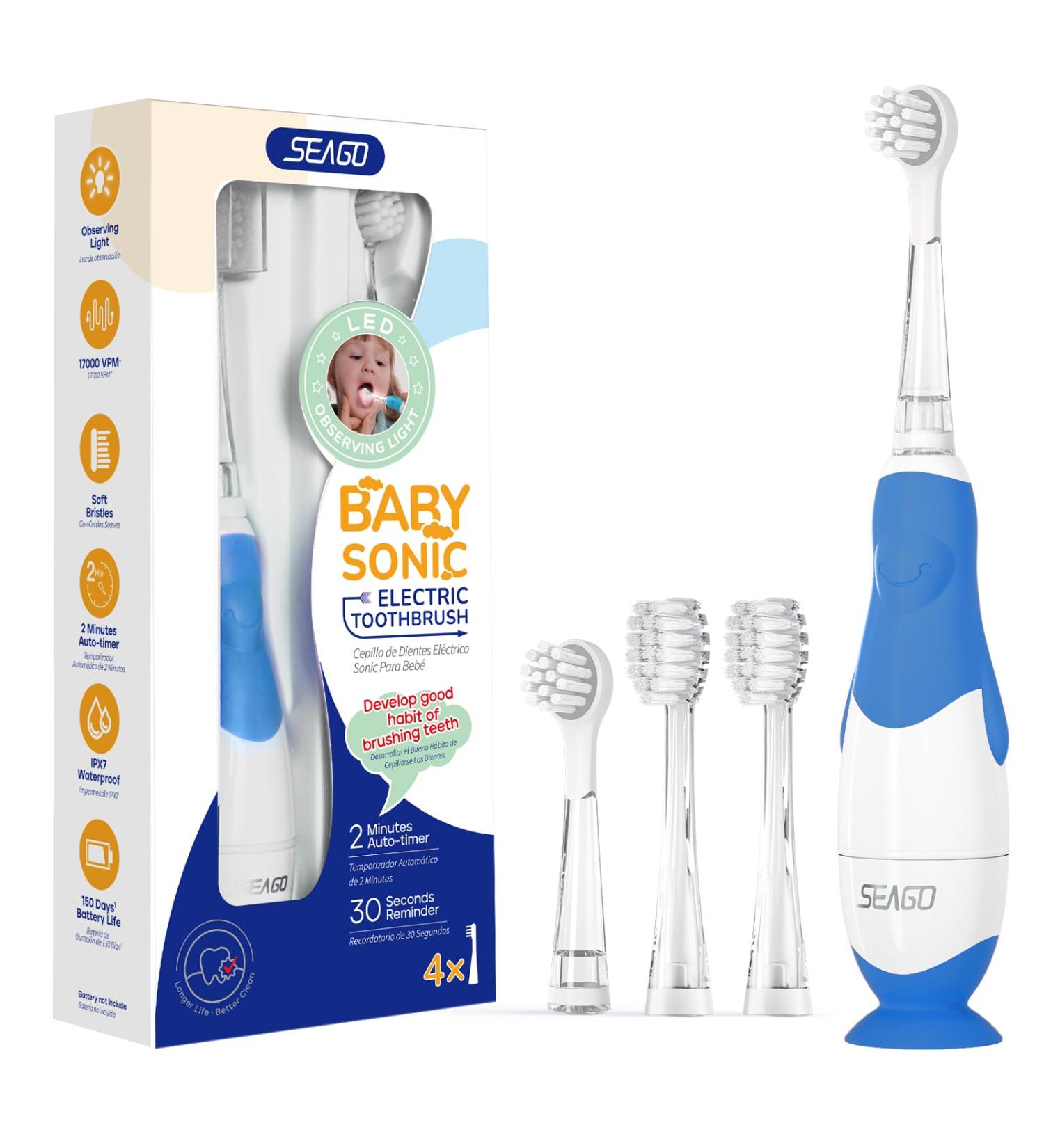 SEAGO Toddler Electric Toothbrush - Smart Timer Suction Base & 4 Brush Heads for Ages 0-3 | Baby Toothbrush Navy-C - Buy Online on GoSupps.com