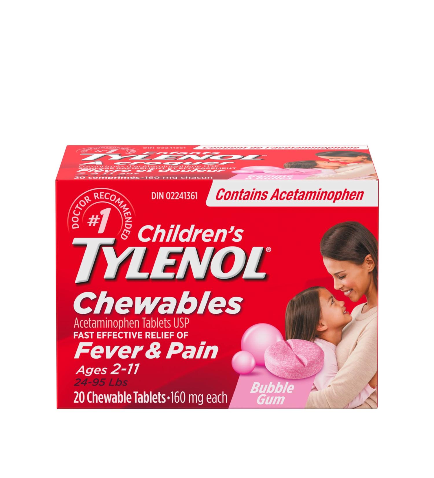 Tylenol Children's Chewables Fever and Pain Relief Bubble Gum Flavour 160 mg Acetaminophen 20 Tablets Toothache Pain Relief 20 Count (Pack of 1) Bubble Gum - Buy Online on GoSupps.com