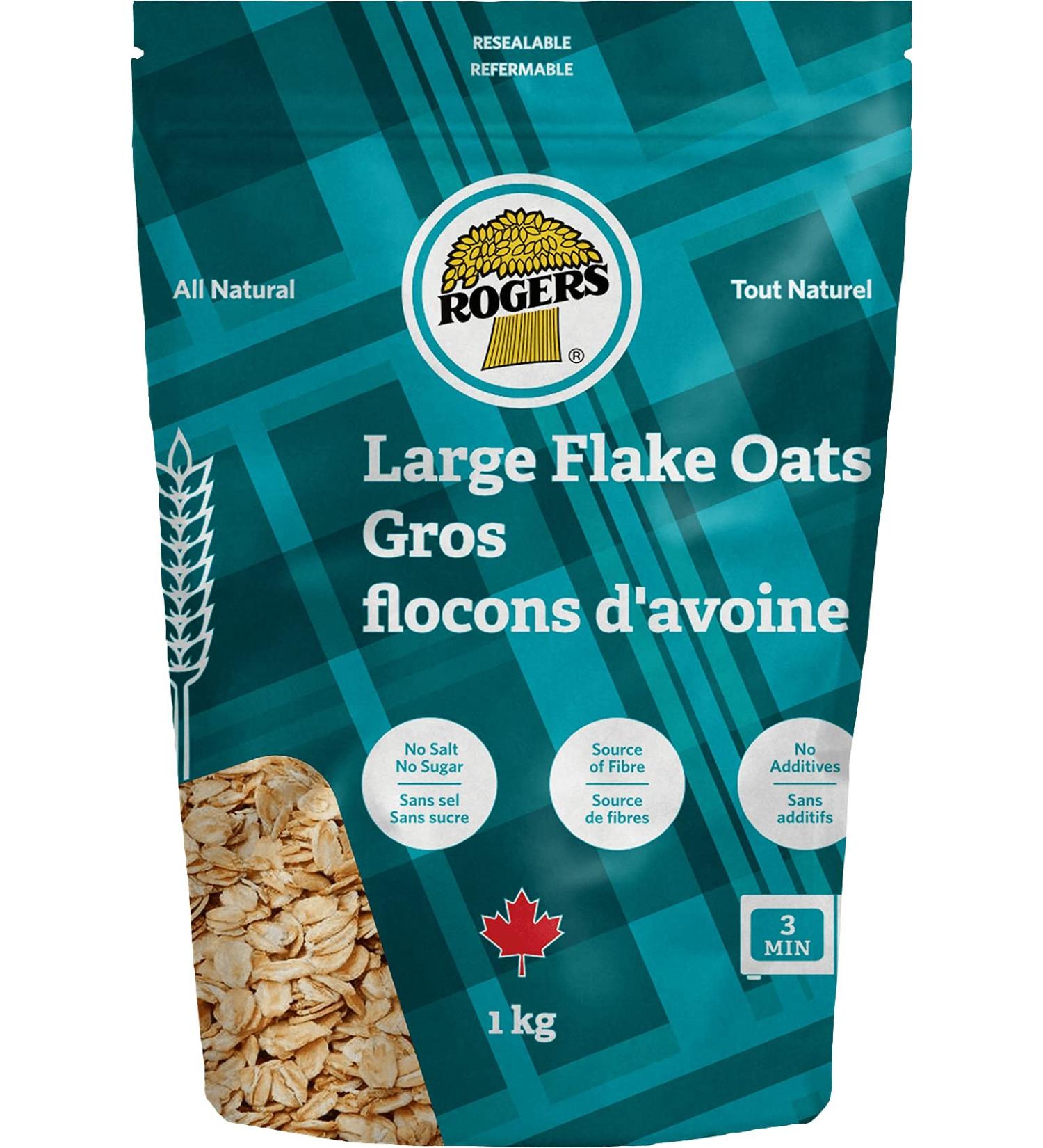 Rogers Large Flake Oats - All Natural 100% Whole Grains Kosher Source of Dietary Fibre Nutty Flavour Rolled Oat - Perfect for Breakfast & Lunch | 1 Kg