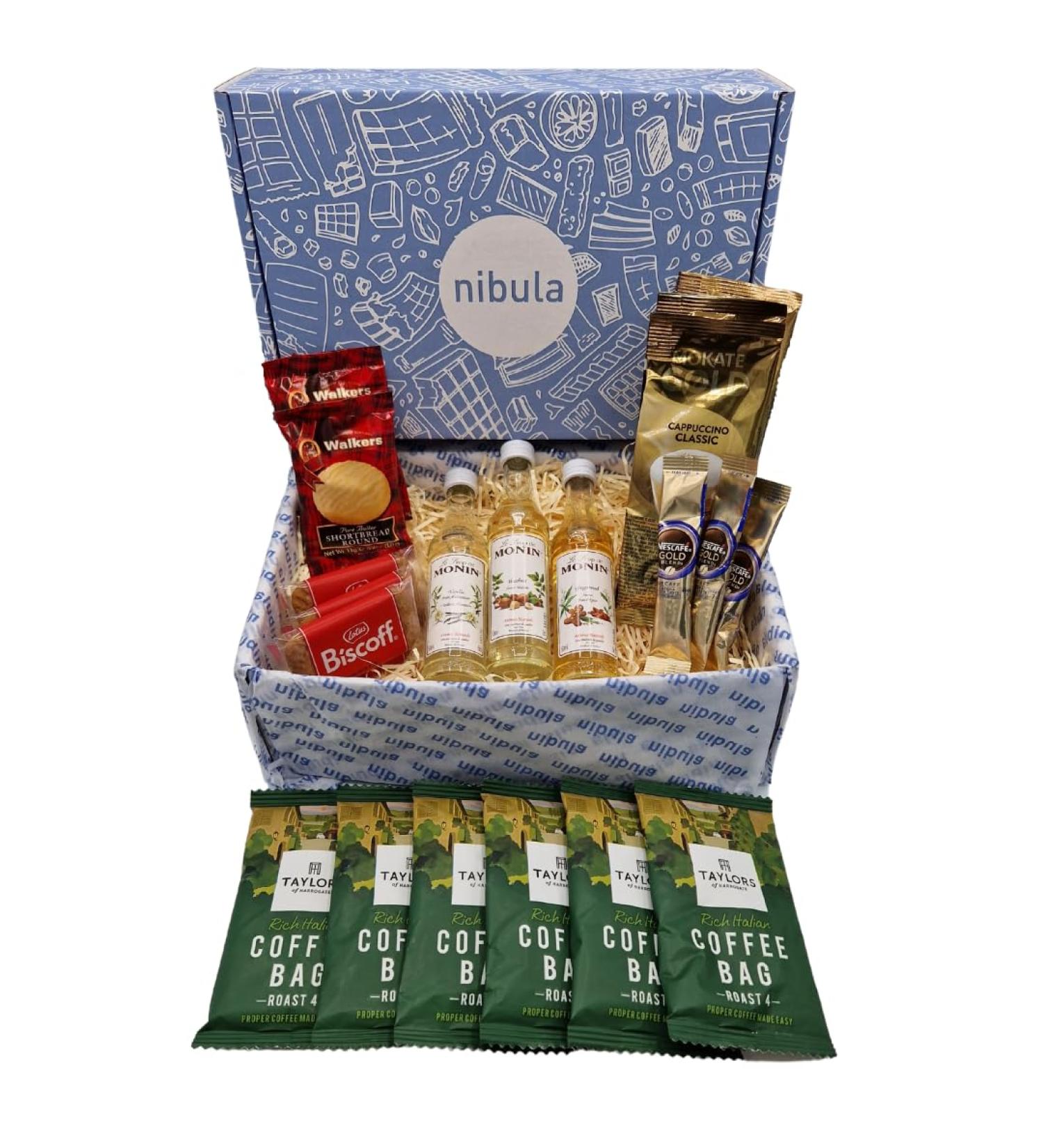 Coffee Gift Set | includes Coffee Bags Monin Gingerbread Syrup Vanilla Syrup Hazelnut Syrup Mokate Cappuccino Biscuits and Shortbread - Buy Online on GoSupps.com