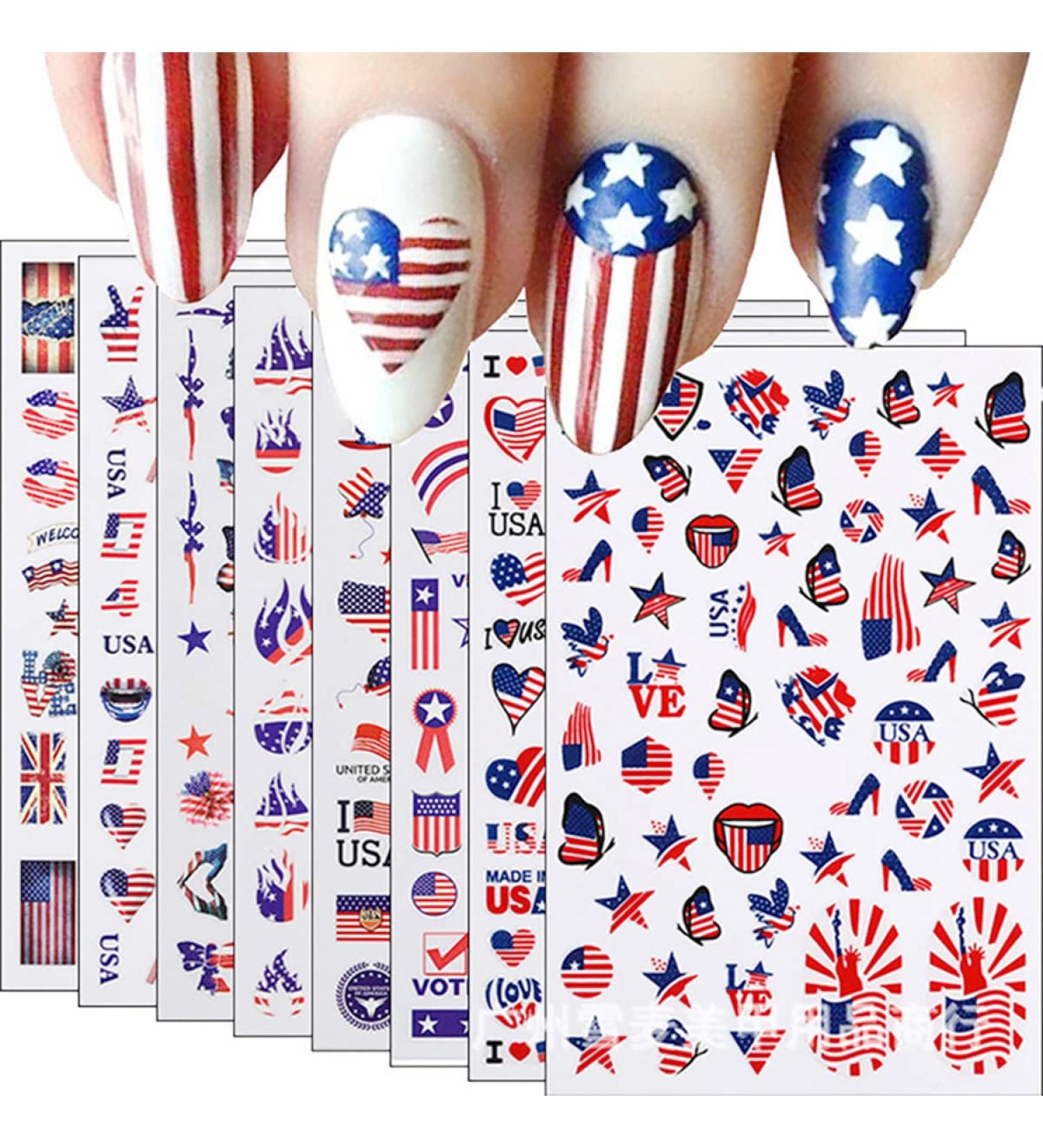 4th of July Patriotic Nail Stickers - 8 Sheets of America Flag Designer Decals for Acrylic Nails - Buy Online on GoSupps.com