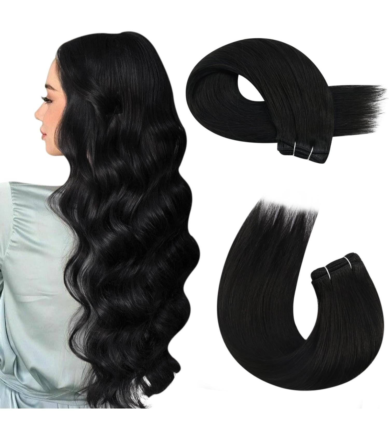 Moresoo Jet Black Double Weft Human Hair Extensions 20 Inch - 100g/Pack | Real Human Hair Sew in Extensions - WEFT #1B - Buy Online on GoSupps.com