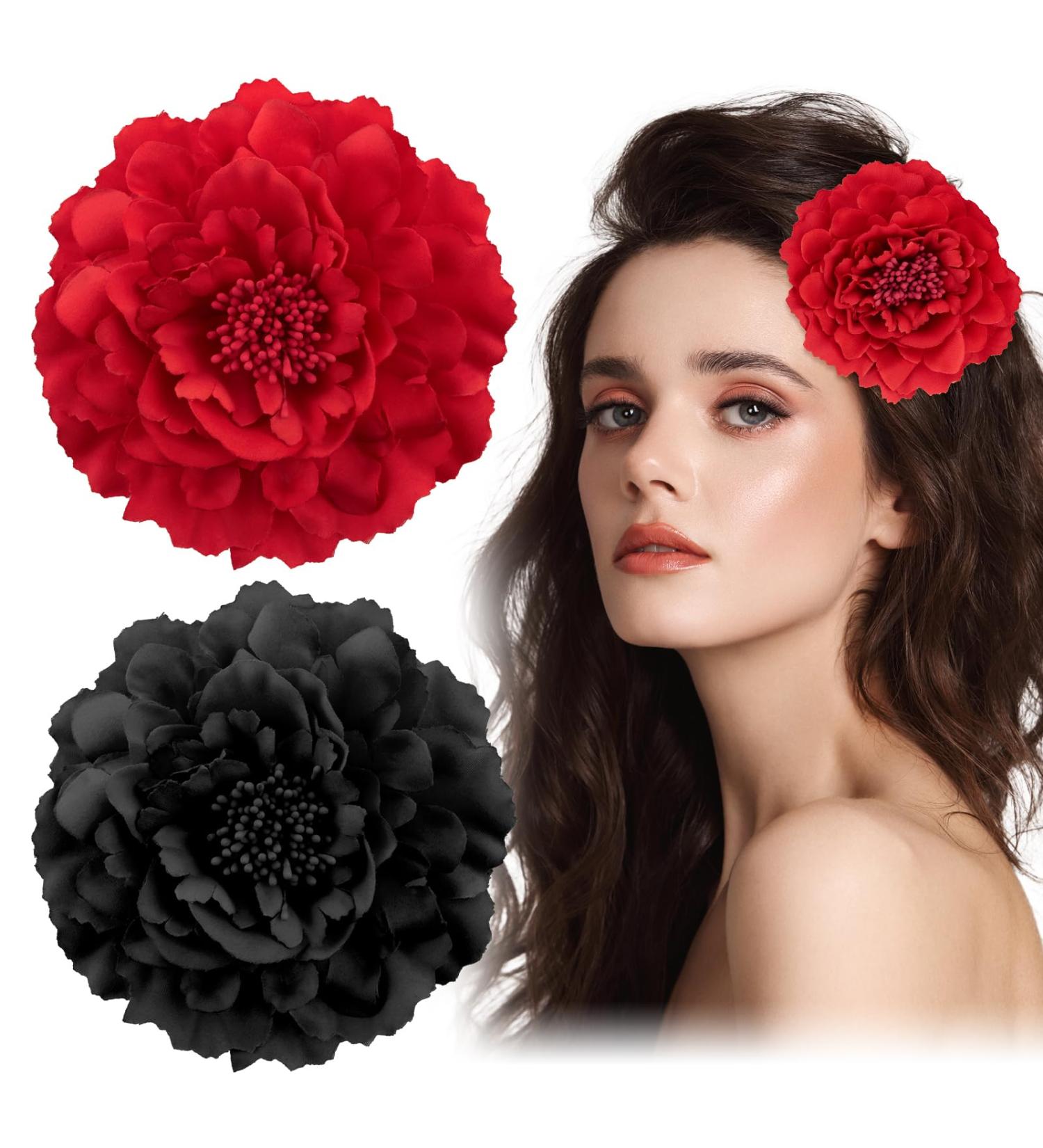 Bofunx 2-Piece Flower Hair Clips | Red & Black Brooch Hair Jewelry for Parties Weddings Halloween & Masquerades - Buy Online on GoSupps.com