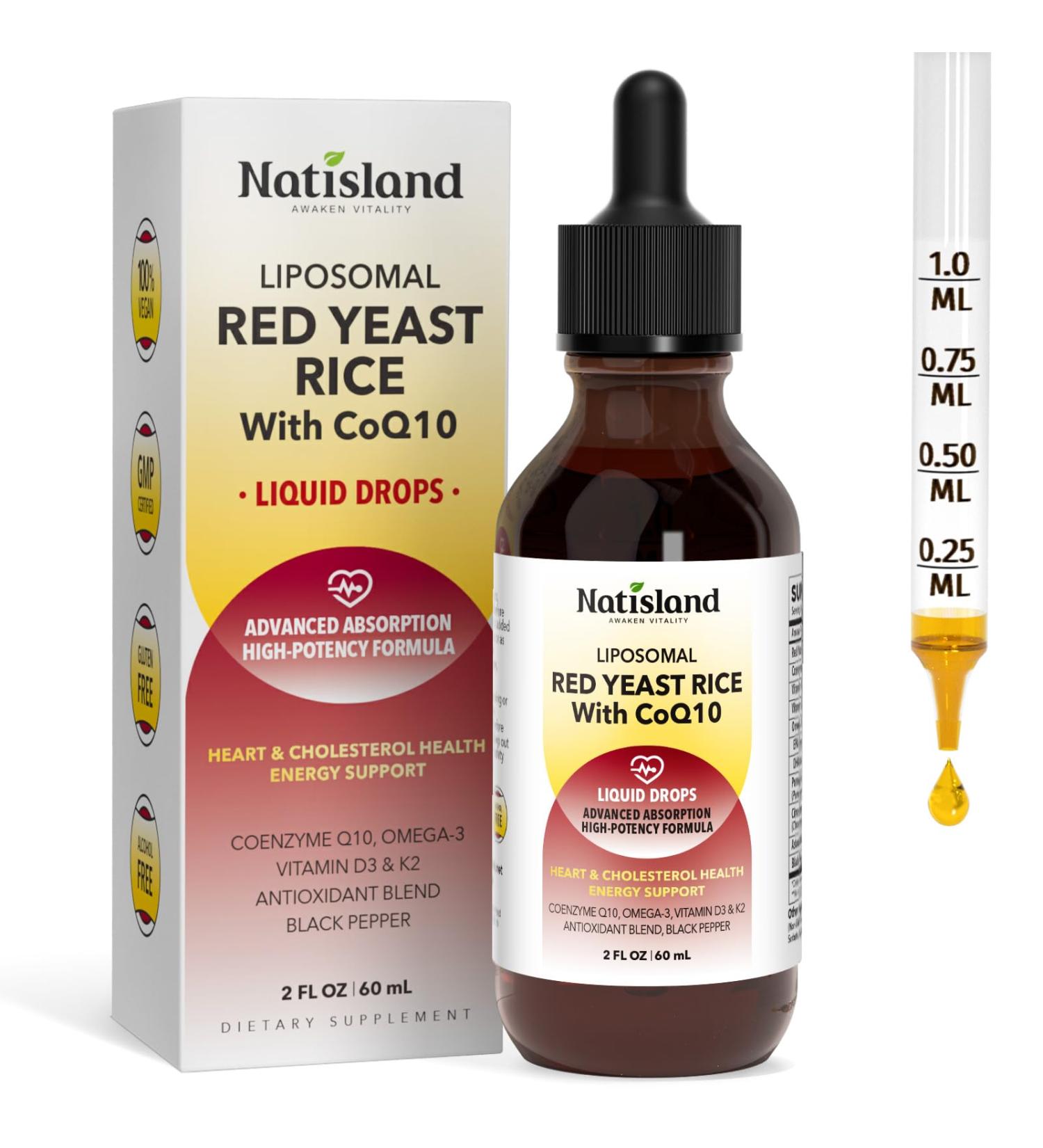 NATISLAND Liposomal Red Yeast Rice with Coq10 Liquid Drops, Red Rice Yeast 1200mg for Cholesterol Support, with Citrus Bergamot, Omega-3 & Astaxanthin for Heart Health, Vegan, Blueberry, 2 FL OZ - Buy Online on GoSupps.com