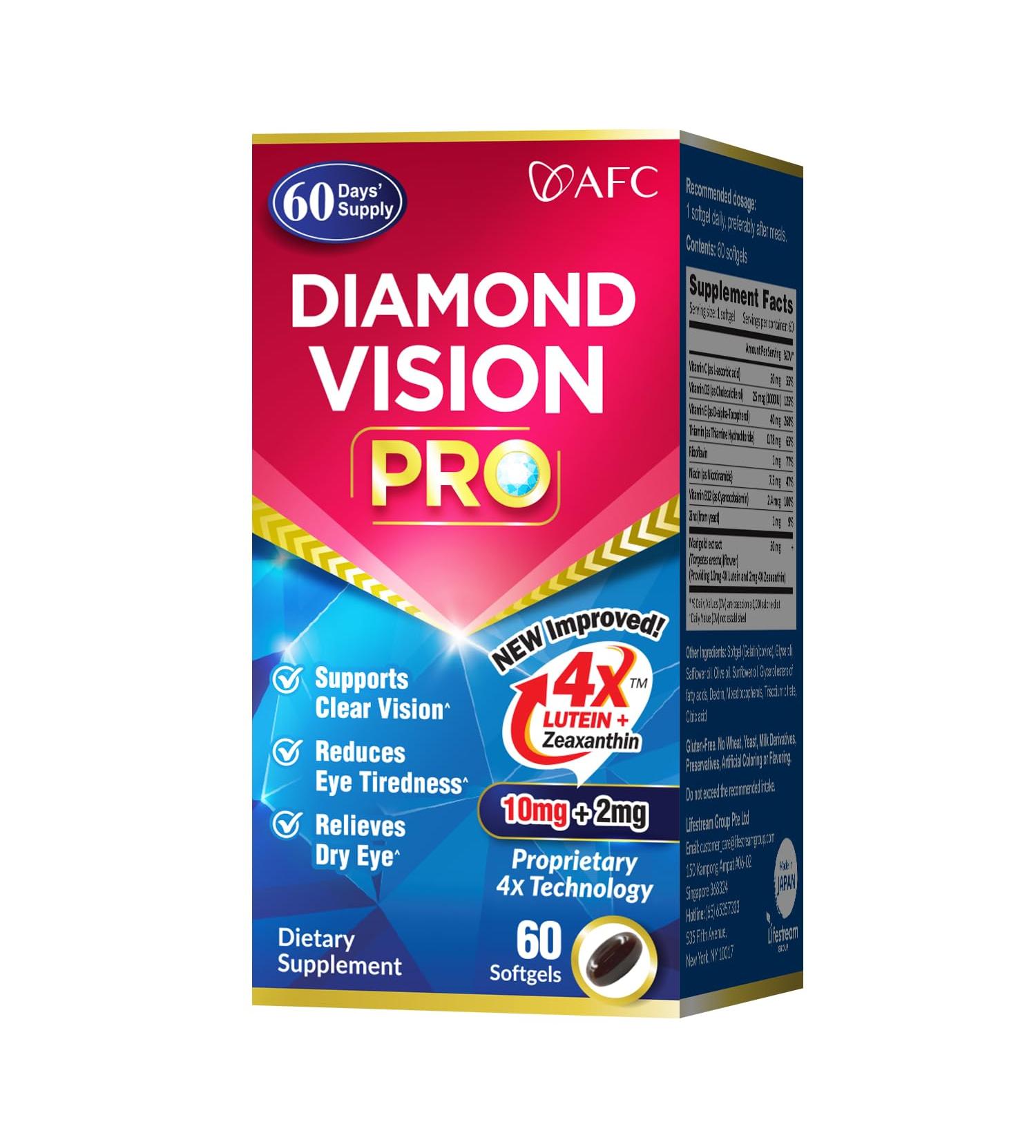 AFC Japan Diamond Vision PRO Improved, Up-Sized Formula - Lutein & Zeaxanthin 4X with Eye Vitamins Visual Health Supplement for Adults, Screen Exposure, Night Use, 60 Softgels - Buy Online on GoSupps.com