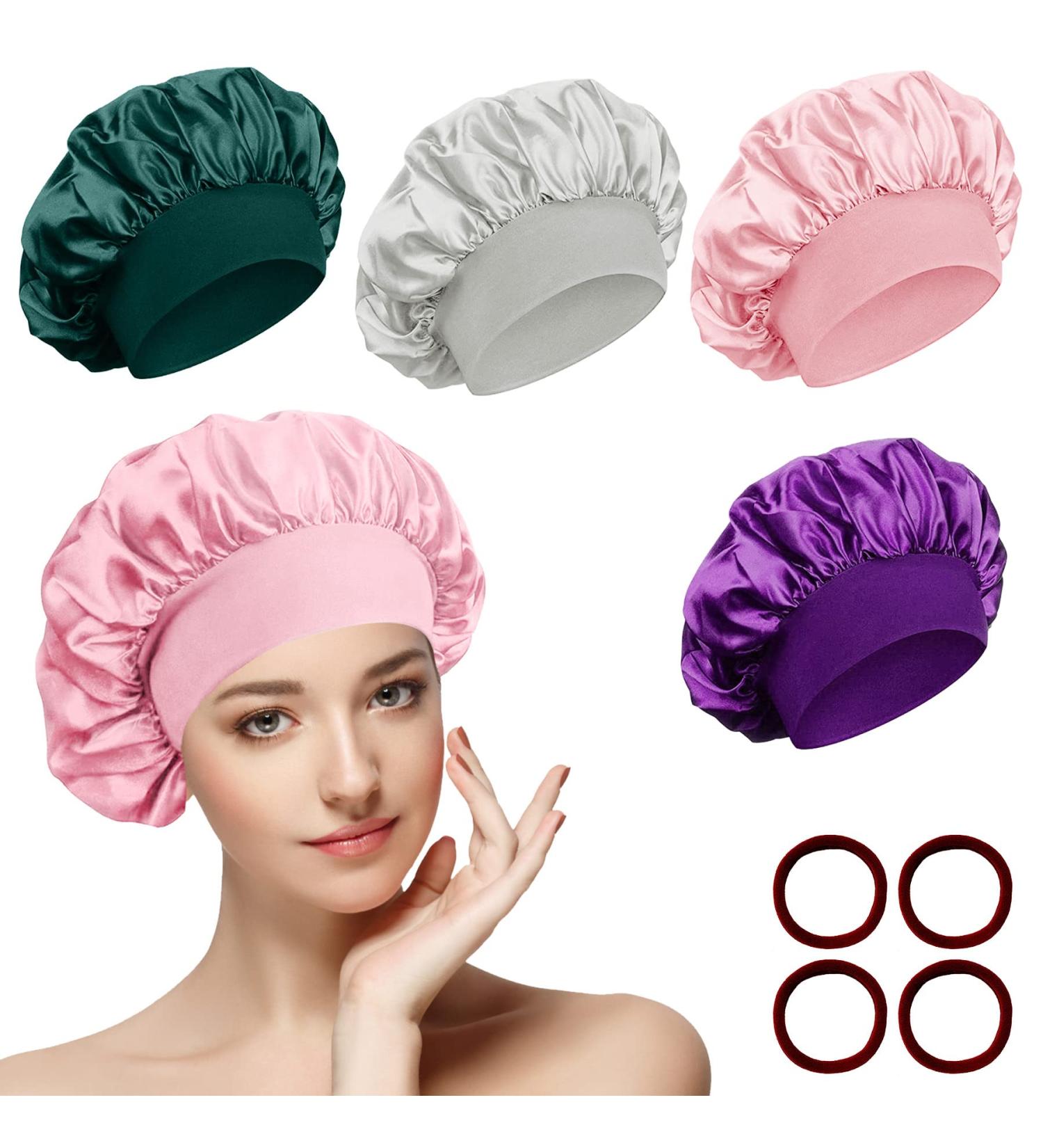 4-Piece Satin Hair Hood & Hair Ties Set | Reusable Sleep Caps for Women & Girls - Protect Hair While Sleeping | Silver Violet Pink Cyan - Buy Online on GoSupps.com
