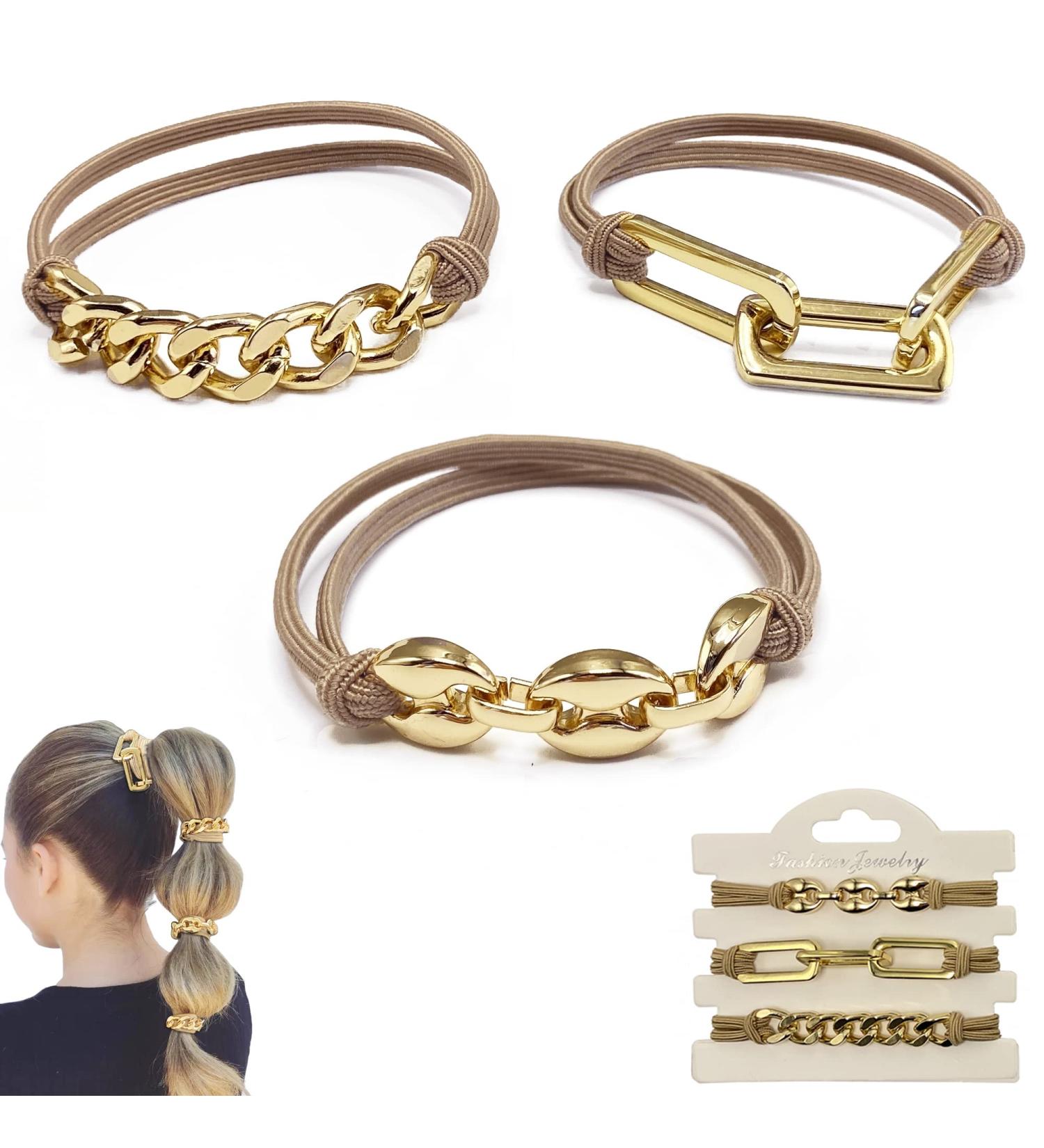 Khaki Hair Ties Accessories | Cute Bracelet Hair Bands with Metal Jewelry | Elastic Ponytail Holders for Women and Girls | Trendy Gift Idea - Buy Online on GoSupps.com