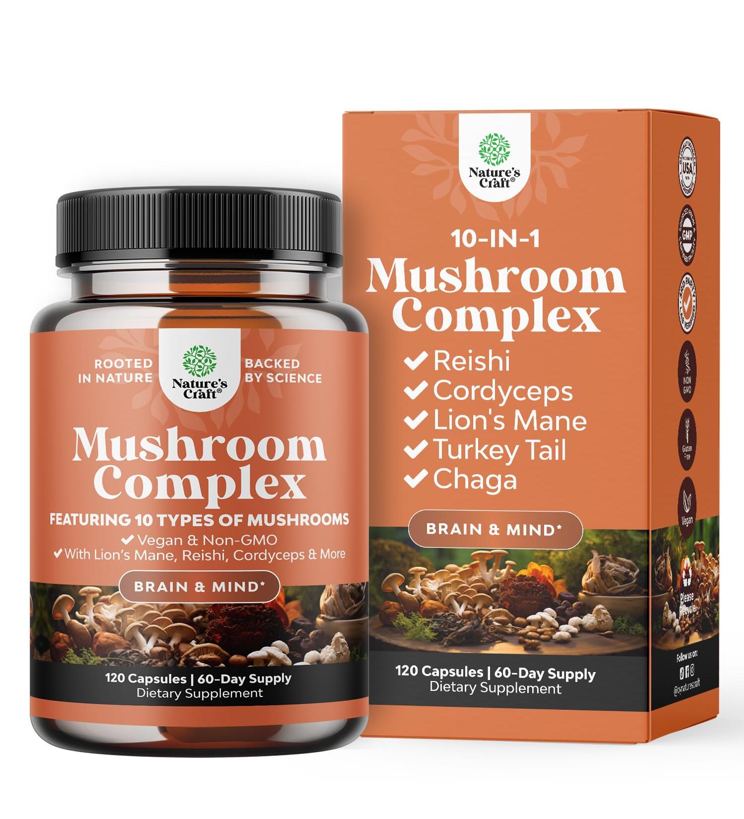Advanced Mushroom Complex Capsules - 10X Lions Mane Supplement Capsules with Reishi Chaga Maitake & Shiitake for Brain Health Memory Support & Focus - Nootropic for Mental Clarity - 120 Caps 120 Count (Pack of 1) - Buy Online on GoSupps.com