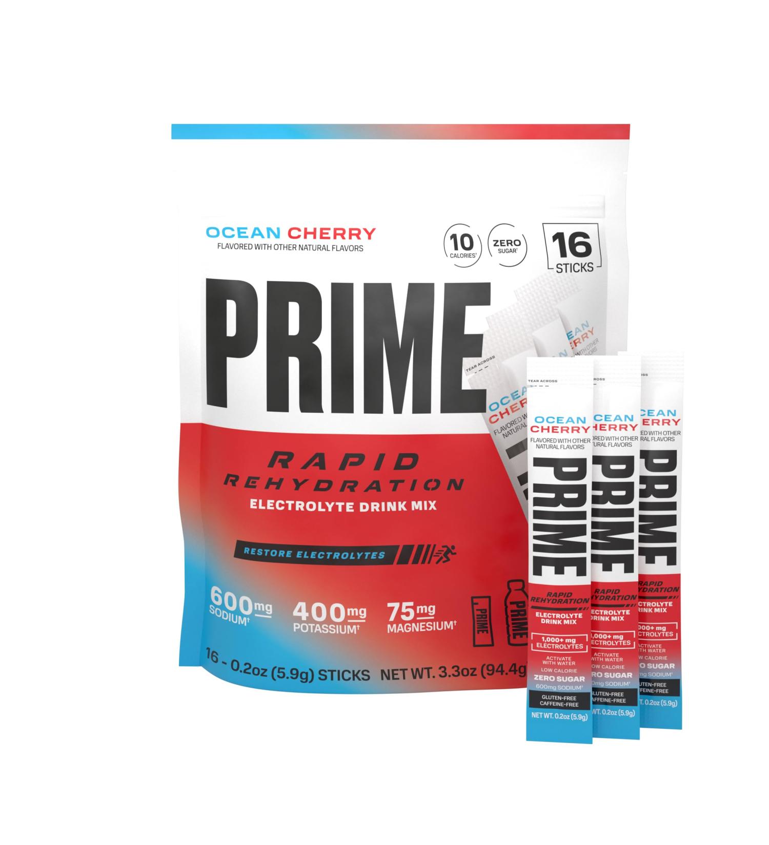 Prime Rapid Rehydration Electrolyte Powder Sticks Ocean Cherry Sugar Free Hydration Drink Mix with Sodium Potassium Magnesium & B Vitamins to Replenish Fluids Caffeine Free 16 Count - Buy Online on GoSupps.com