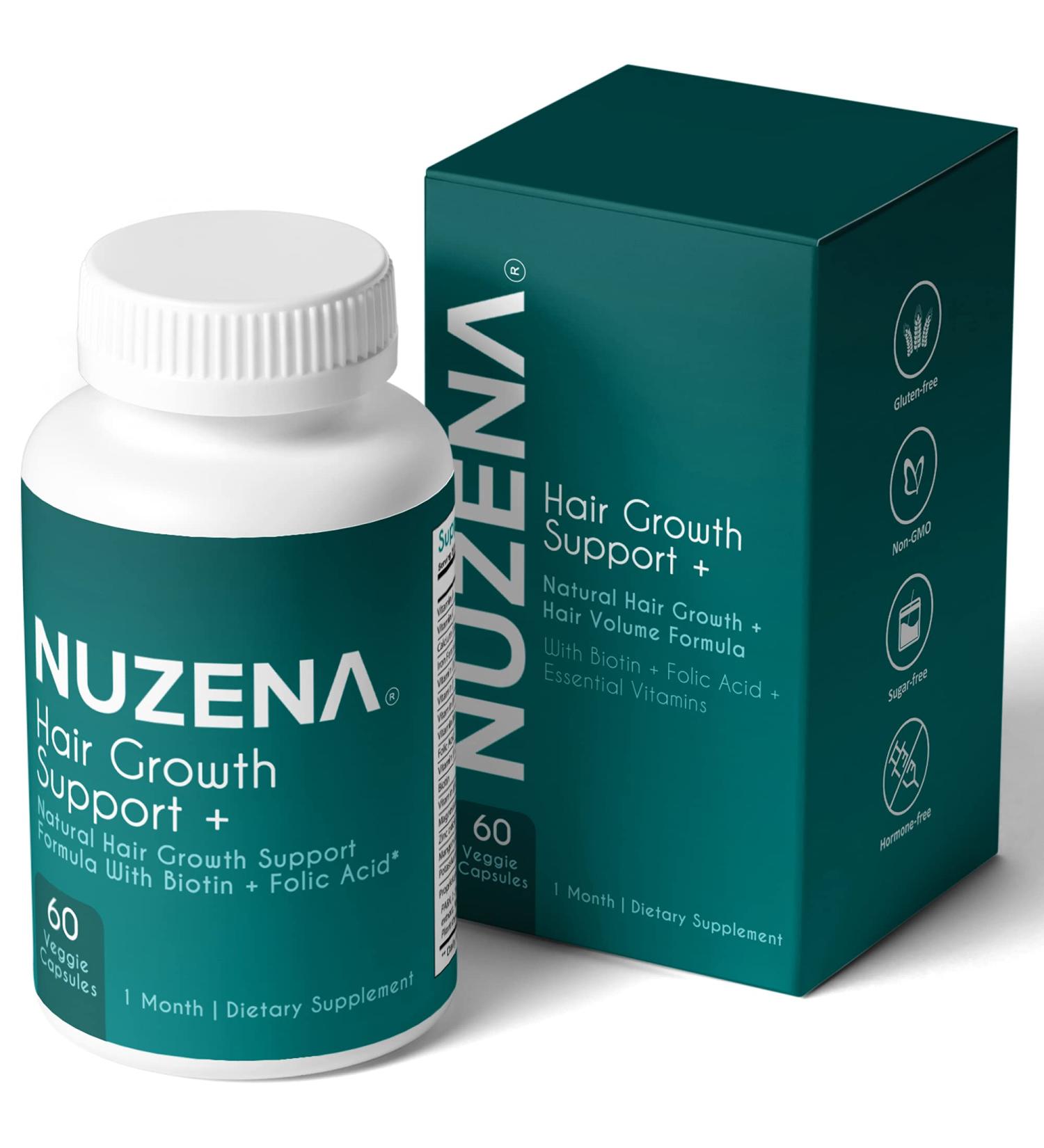 NUZENA Hair Growth Support - 60 Capsules with Biotin & Essential Vitamins for Healthy Hair | Made in USA - Buy Online on GoSupps.com