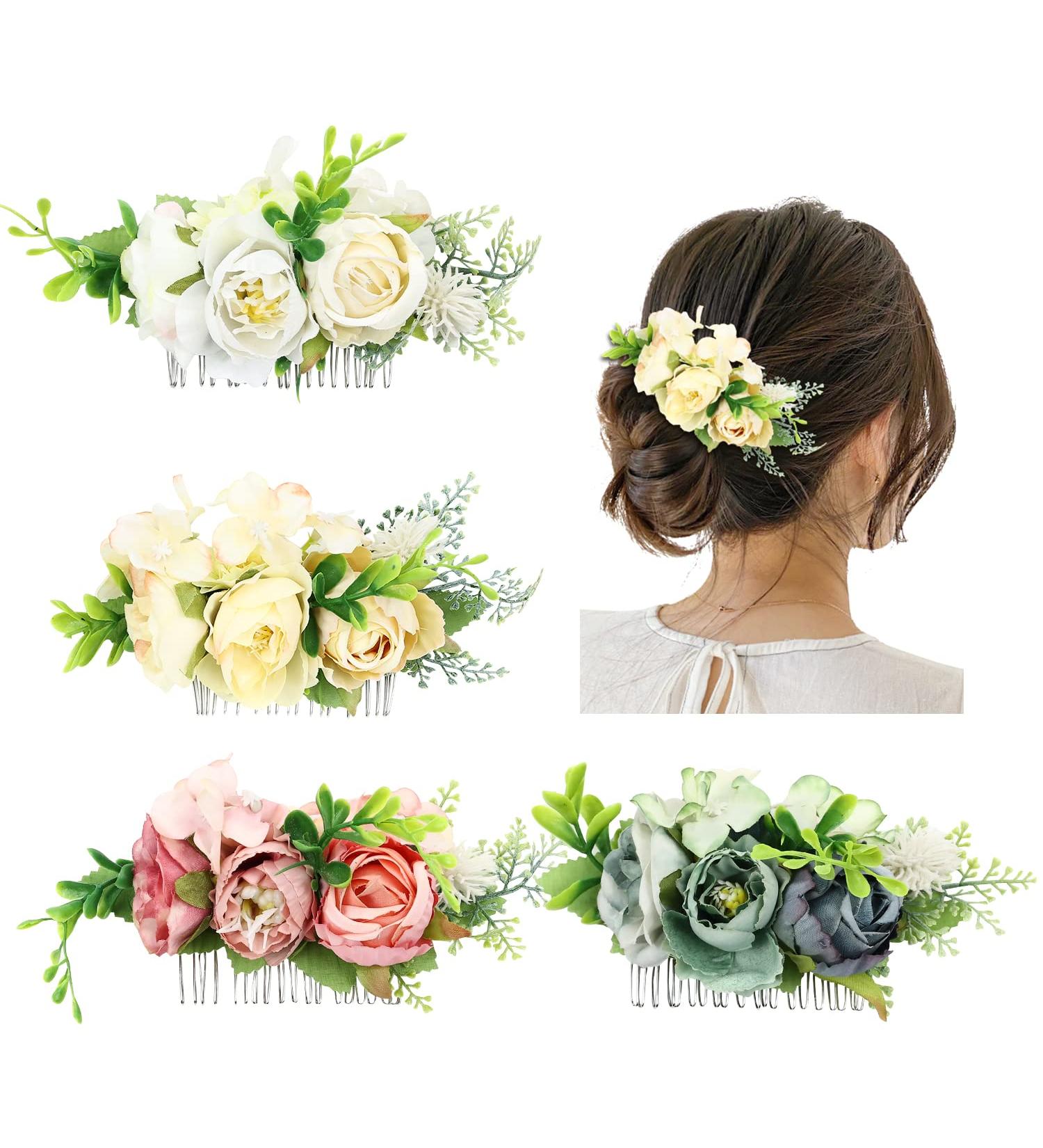4 Pack Artificial Rose Flower Metal Silver Hair Combs - Wedding Hair Clips & Barrettes for Women - Buy Online on GoSupps.com
