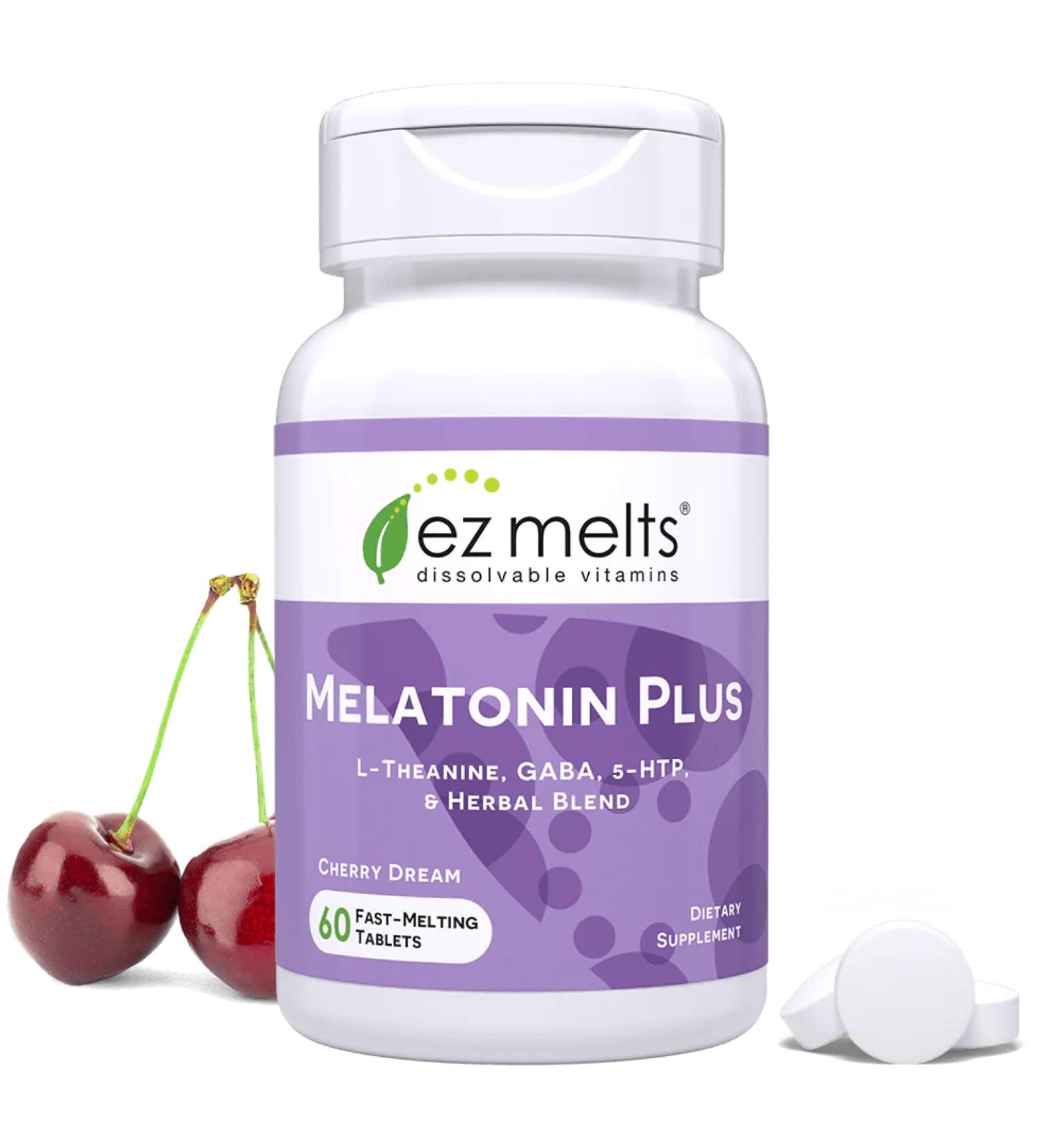 EZ Melts Melatonin Plus - Calming & Sleep Support Supplement with Lemon Balm Extract & Passion Flower - Non-GMO & Vegan - Cherry Dream - 60 Dissolvable Tablets (60 Servings) 60 Count (Pack of 1) - Buy Online on GoSupps.com