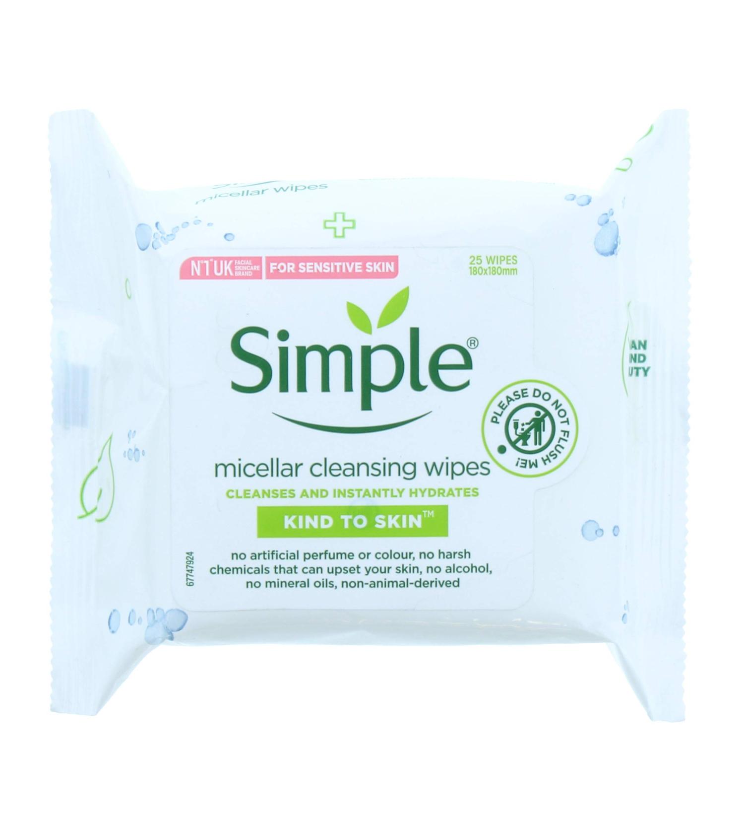 Simple Kind to Skin Micellar Remove Waterproof Make-up Cleansing Wipes for Sensitive Skin 25 Wipes - Buy Online on GoSupps.com