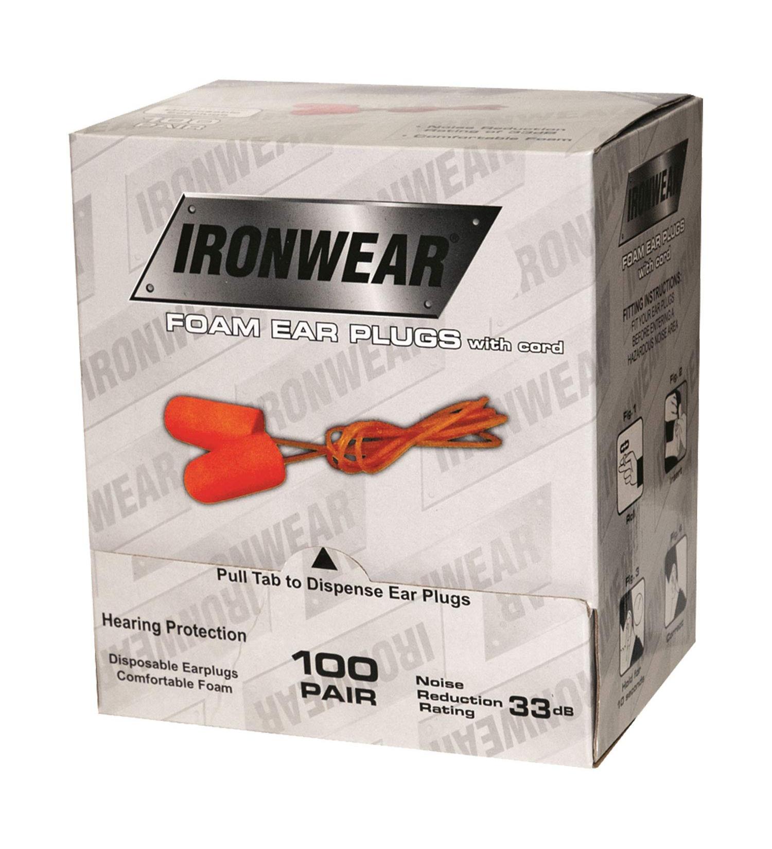 Ironwear 1705 Disposable Moldable 33-Decibel PU Foam Ear Plugs with PE Safety Cord Orange Box of 100 Pairs Orange Regular