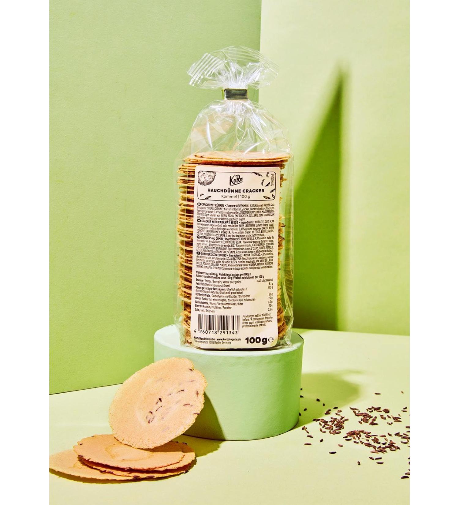 KoRo - Hauchd nne Cracker K mmel 100g - With K mmel verfeinert - Knusprig - Tolle Abwechslung zu herk mmlichen Snacks - Buy Online on GoSupps.com