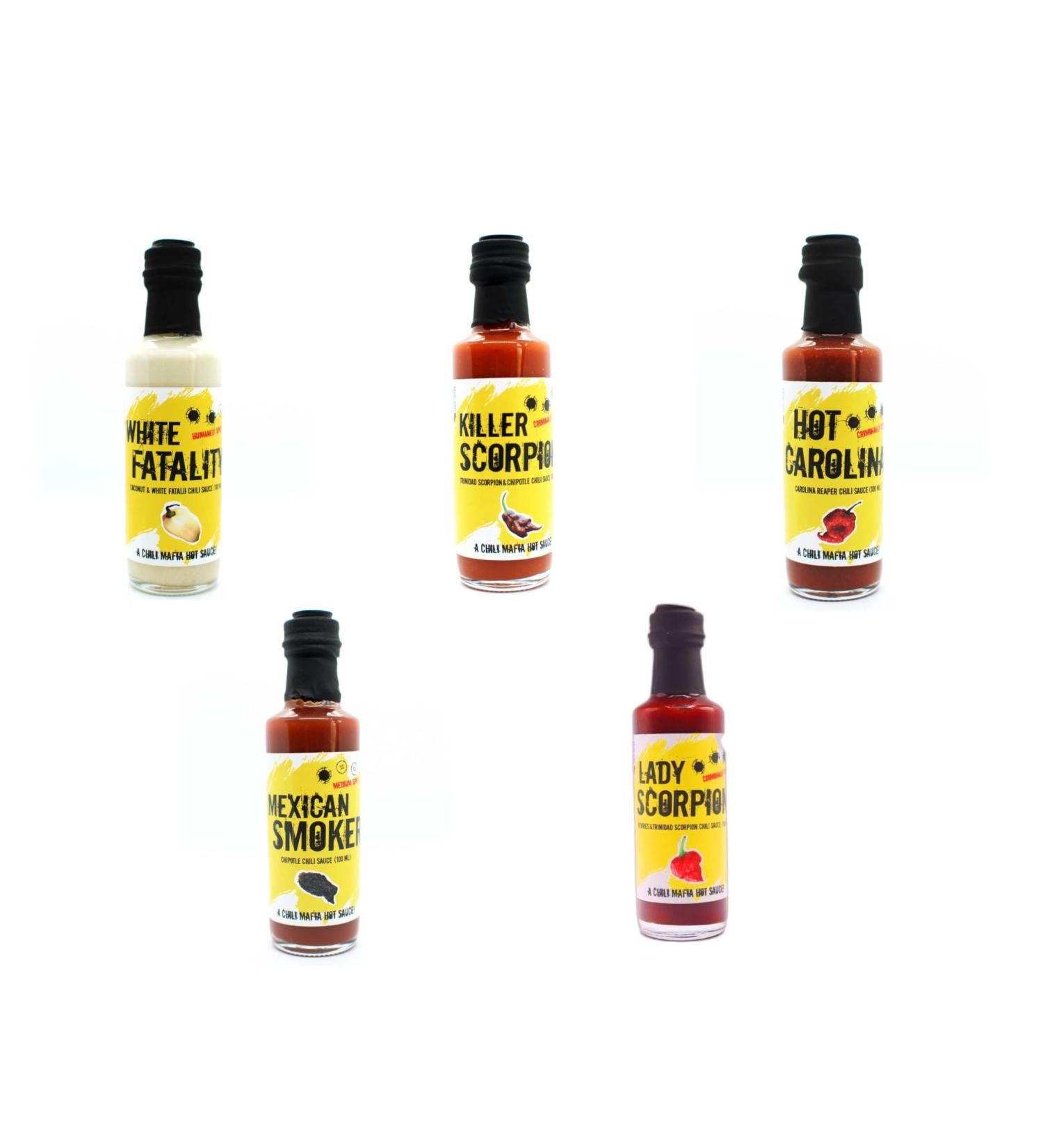 Chili Mafia Hot Sauce Set of 5: Mild to Criminally Hot - 500ml | International Shipping - Buy Online on GoSupps.com