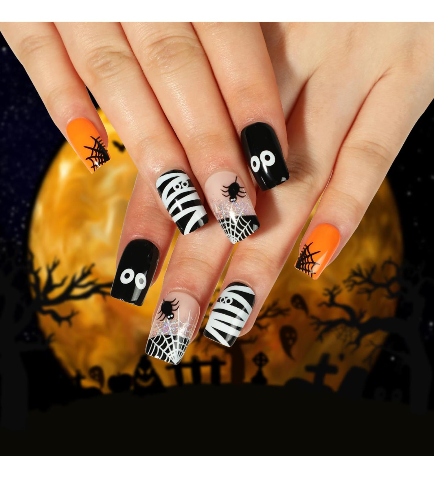 24PCS Halloween Spider Square False Nails - Black White Spider Web Design - Fake Nails for Women Girls - Halloween Party Press on Nails - Buy Online on GoSupps.com