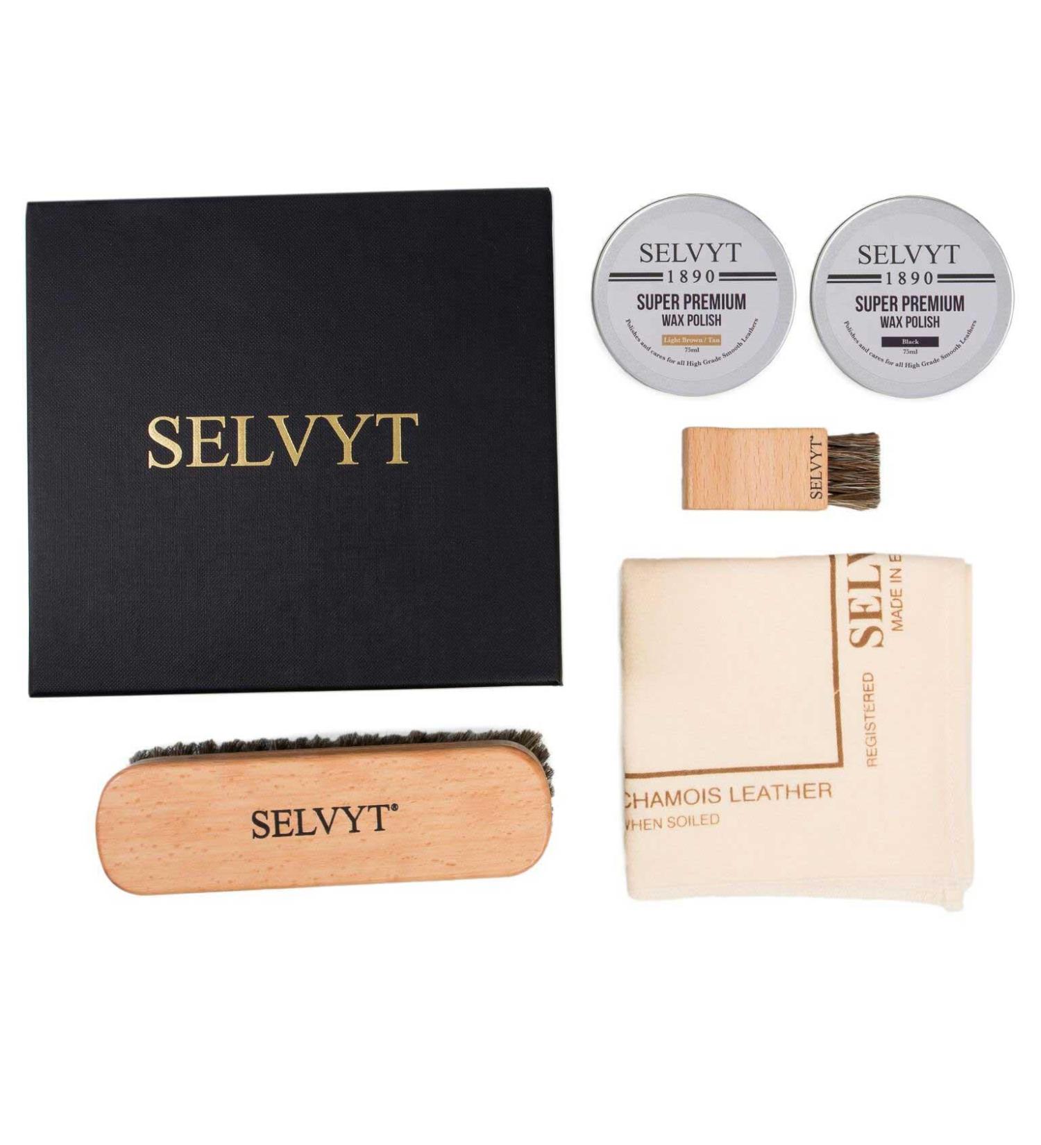 Selvyt 1890 SET V Shoe Care Kit Gift Box with Horse Hair Brushes Cloth and Polishes - Buy Online on GoSupps.com