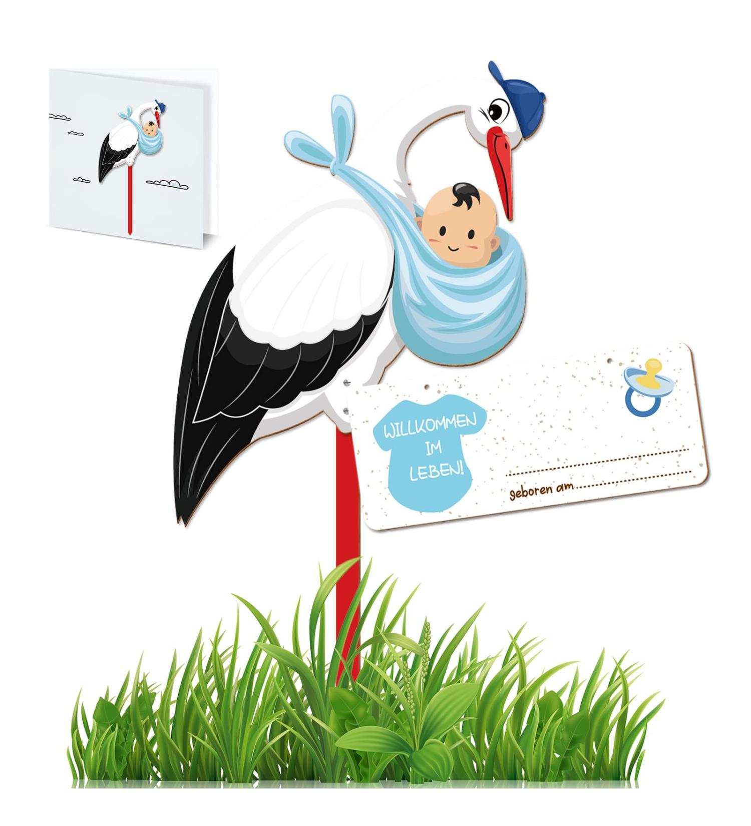 Handcrafted Wooden Birth Stork Set - Blue Baby Announcement - Includes Name Tag & Greeting Card - Perfect Gift for Newborns - Indoor & Outdoor Decor - Buy Online on GoSupps.com