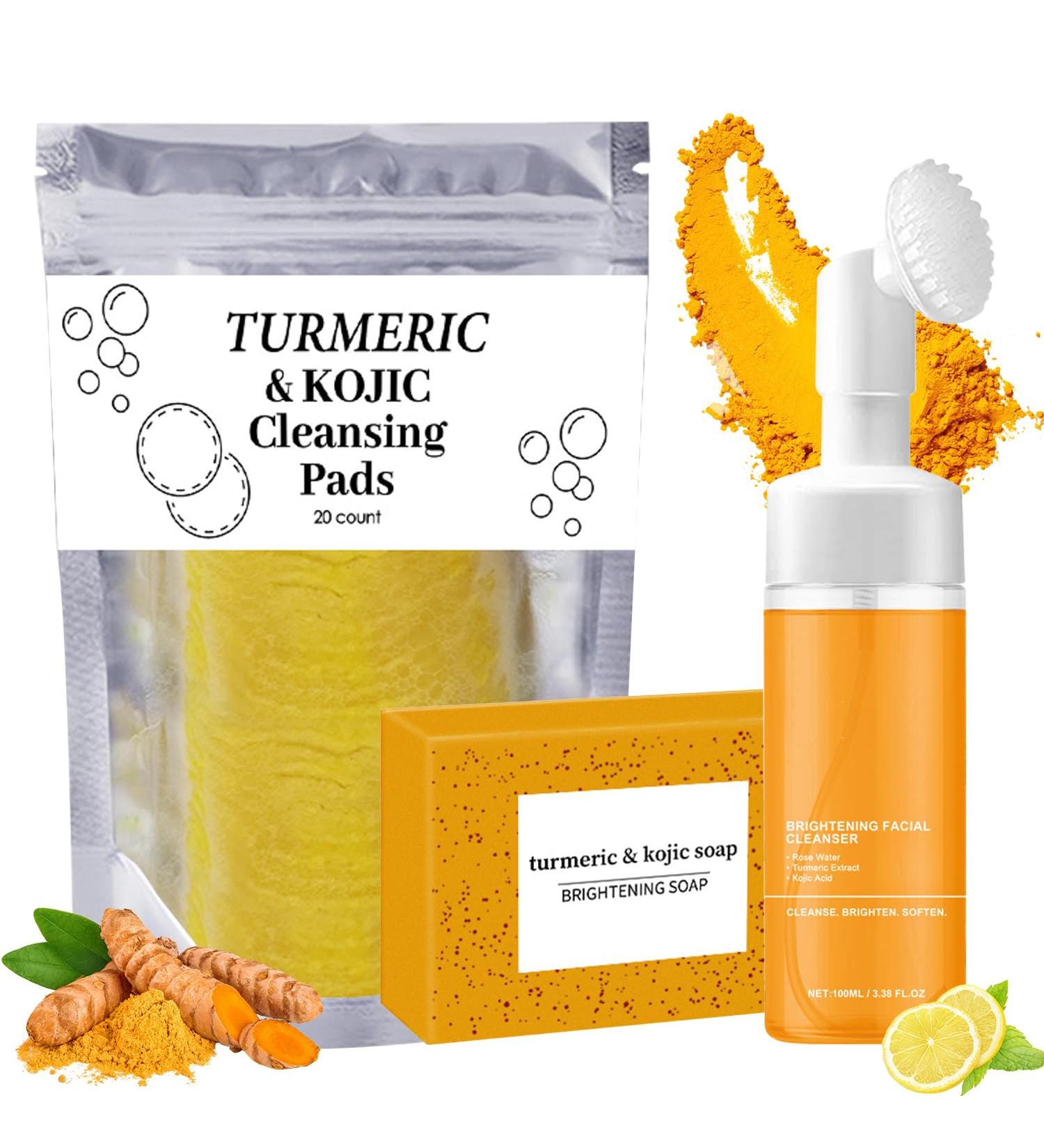 3PCS Turmeric Wash And Care Three Piece Set Turmeric Trio: Facial Wash Cleansing Mousse & Soap for Skin Care Cleansing Exfoliating Pads Turmeric Cleansing Skincare Set for Face & Body - Buy Online on GoSupps.com