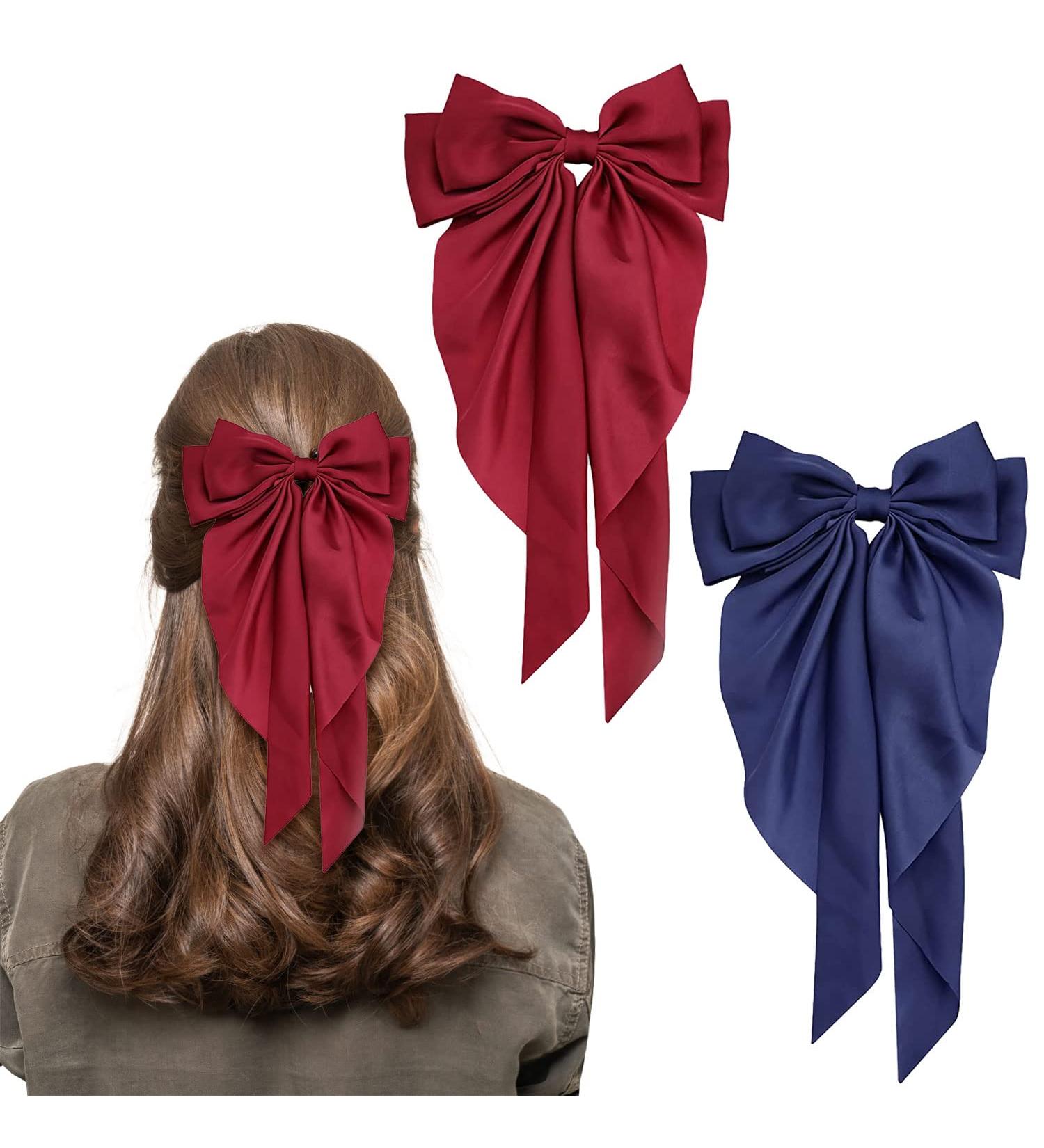 2Pcs Big Bow Hair Clips for Women - Red + Navy Blue Ribbon French Barrette Hairpins - Buy Online on GoSupps.com