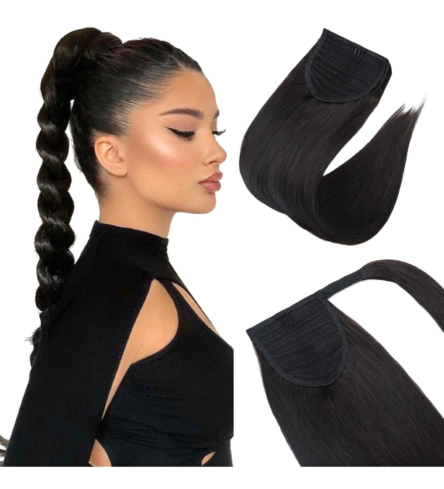 Wrap around Ponytail Hair Extension with Clip in One Piece Remy Human Hairpiece Straight 16 inches #1B Natural Black - Buy Online on GoSupps.com