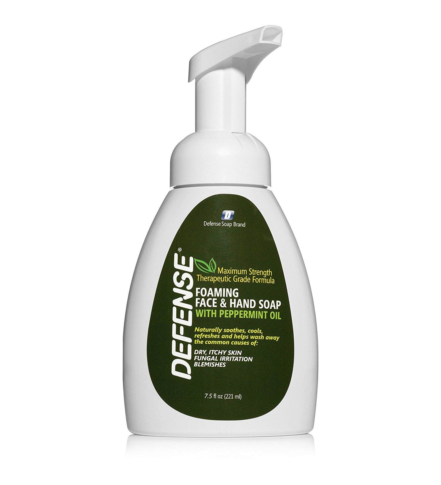 Defense Liquid Foaming Face & Hand Soap  Peppermint 7.5 Fl Oz with Tea Tree  Eucaluptus  Jojoba  Aloe Vera  Olive & Coconut Oils