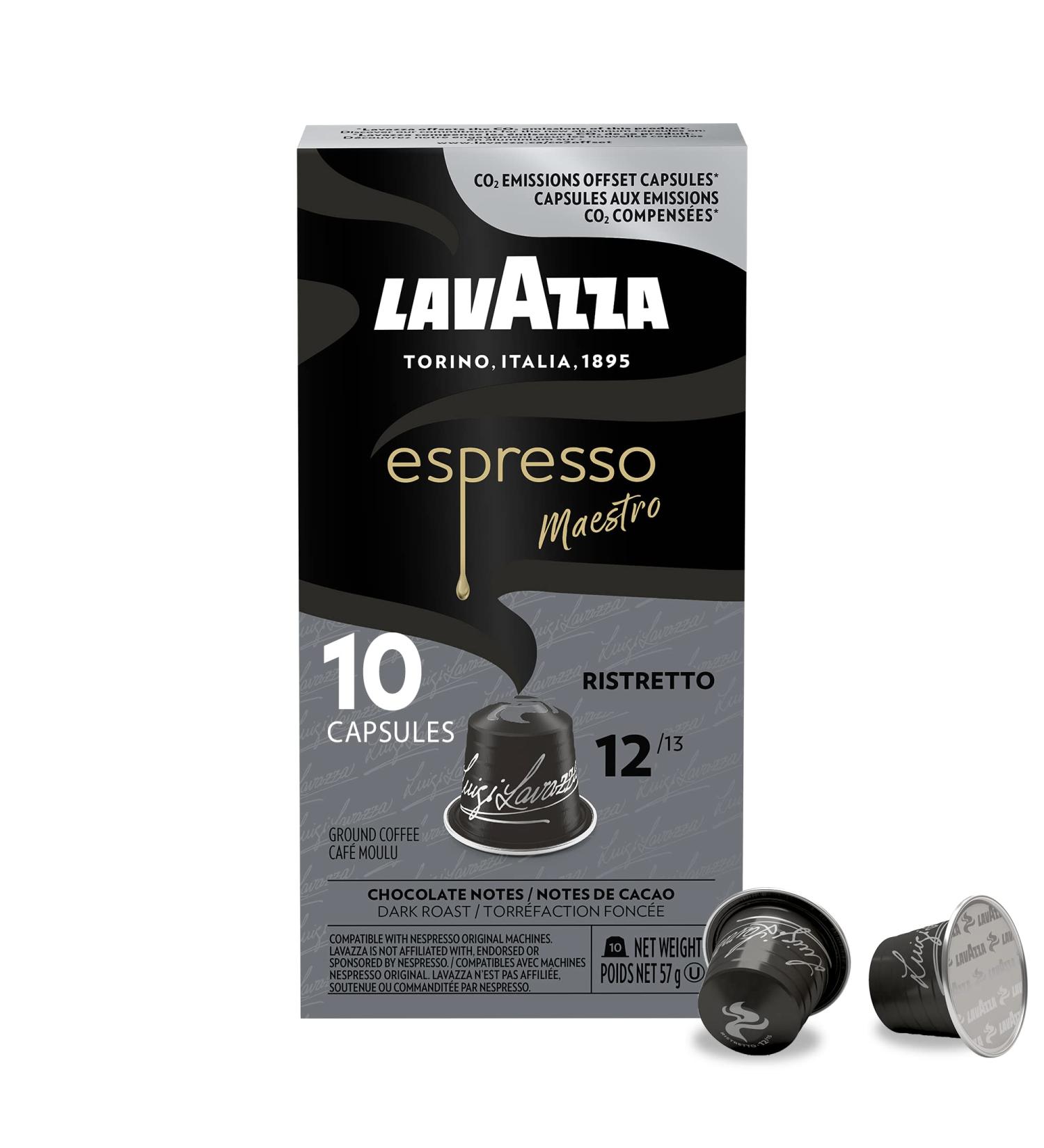 Lavazza Espresso Maestro Ristretto Dark Roast Coffee Capsules Compatible with Nespresso Original Machines Intense and Full-bodied notes of chocolate and caramel (100 pack) Maestro Ristretto 10 count (Pack of 10)