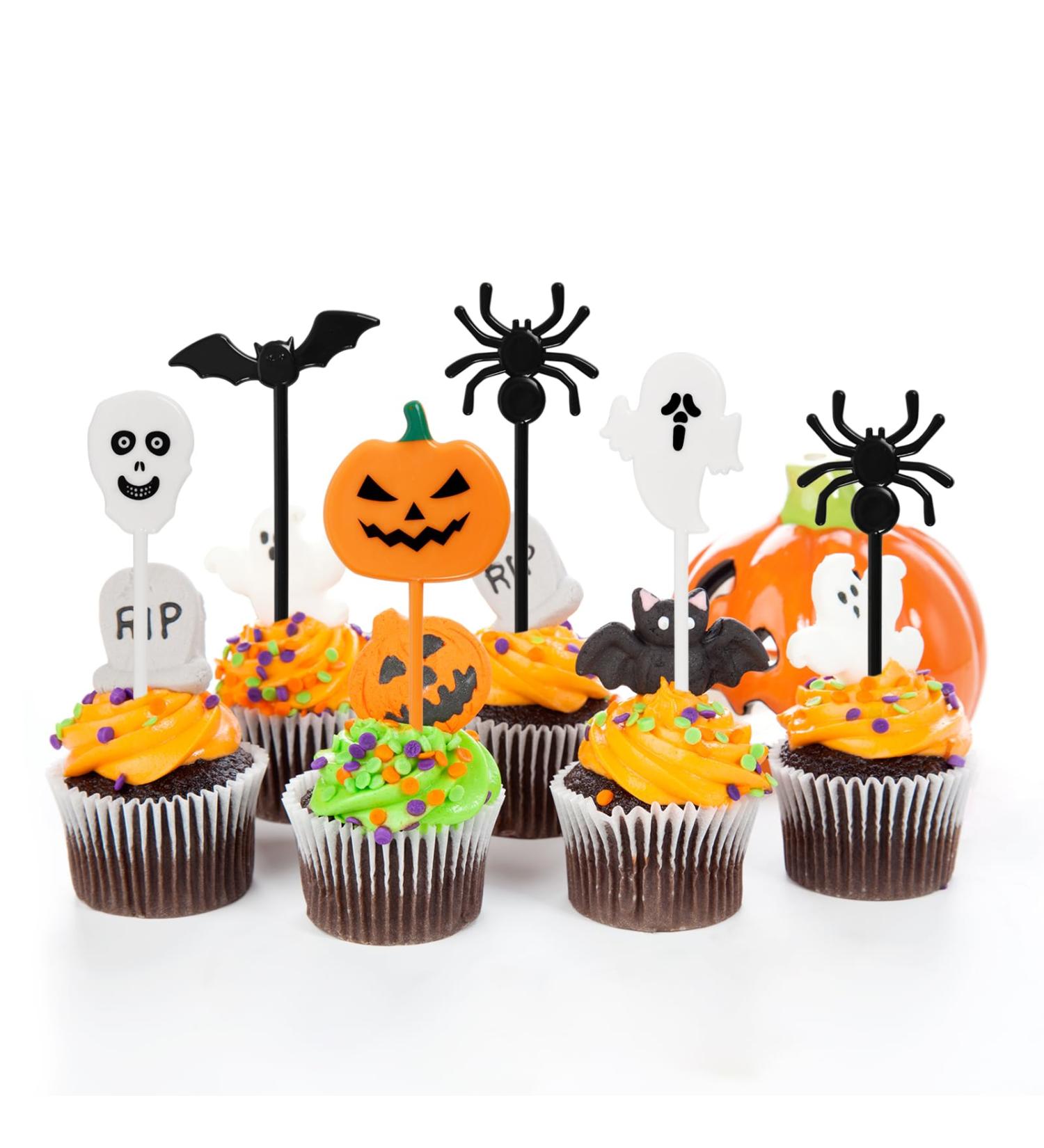 50 PCS Plastic Halloween Cupcake Topper Ghost Cupcake Picks Toothpicks Pumpkin Spider Bat Skull Cake Toppers Food Decor for Kids Halloween Theme Birthday Party Baby Shower Decorations Supplies - Buy Online on GoSupps.com