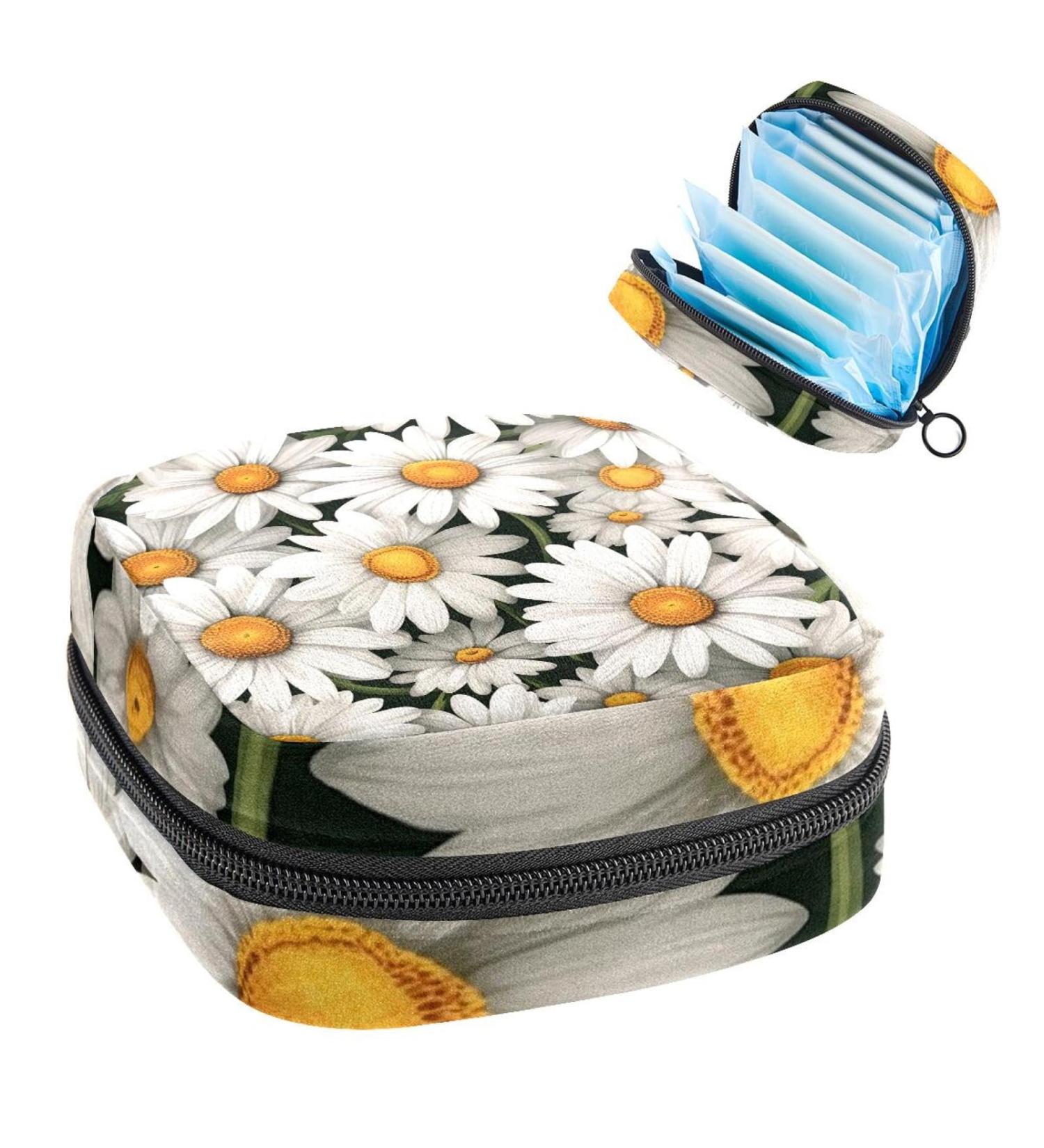 White Chamomiles Pattern Menstrual Storage Bag - Portable Period Pouch for Women & Teens - Multi-Colored - 1Pc - Buy Online on GoSupps.com