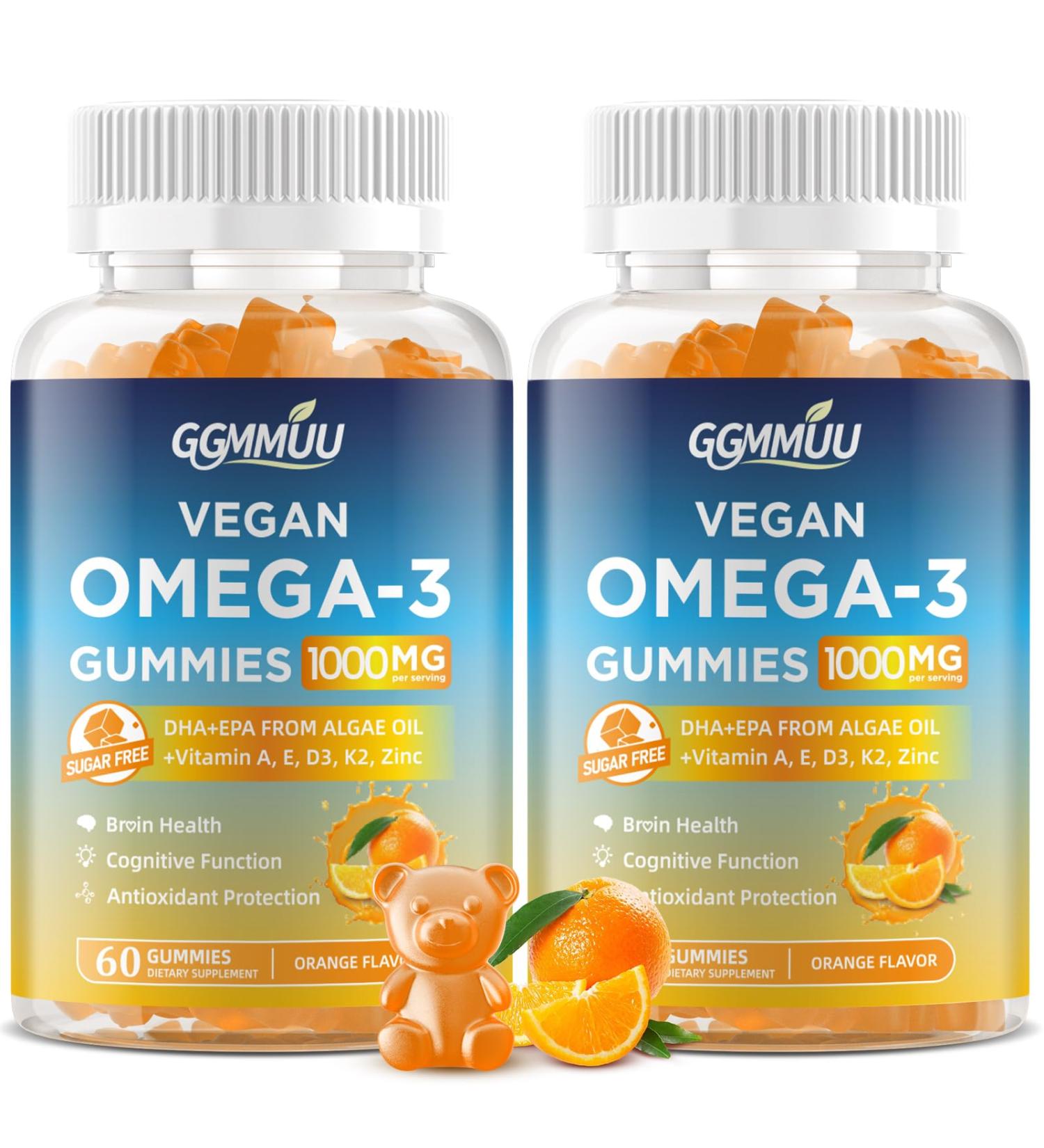 GGMMUU 2 Pack Vegan Omega 3 Gummies 1000MG Algal Oil Omega 3 Supplement for Adults with Algae DHA 600mg & EPA 300mg Fish Oil Alternative - for Eye & Immune Health, Orange Flavor, 120 Count - Buy Online on GoSupps.com