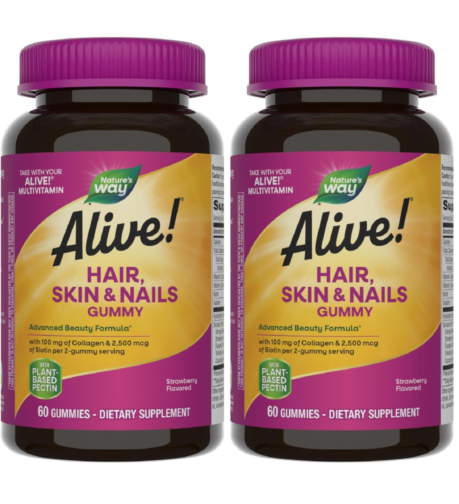 Nature's Way Alive! Hair Skin & Nails Gummies Advanced Beauty Formula* with Biotin and Collagen Strawberry Flavored 60 Gummies (Packaging May Vary) (Pack of 2) Strawberry 60 Count (Pack of 2) - Buy Online on GoSupps.com