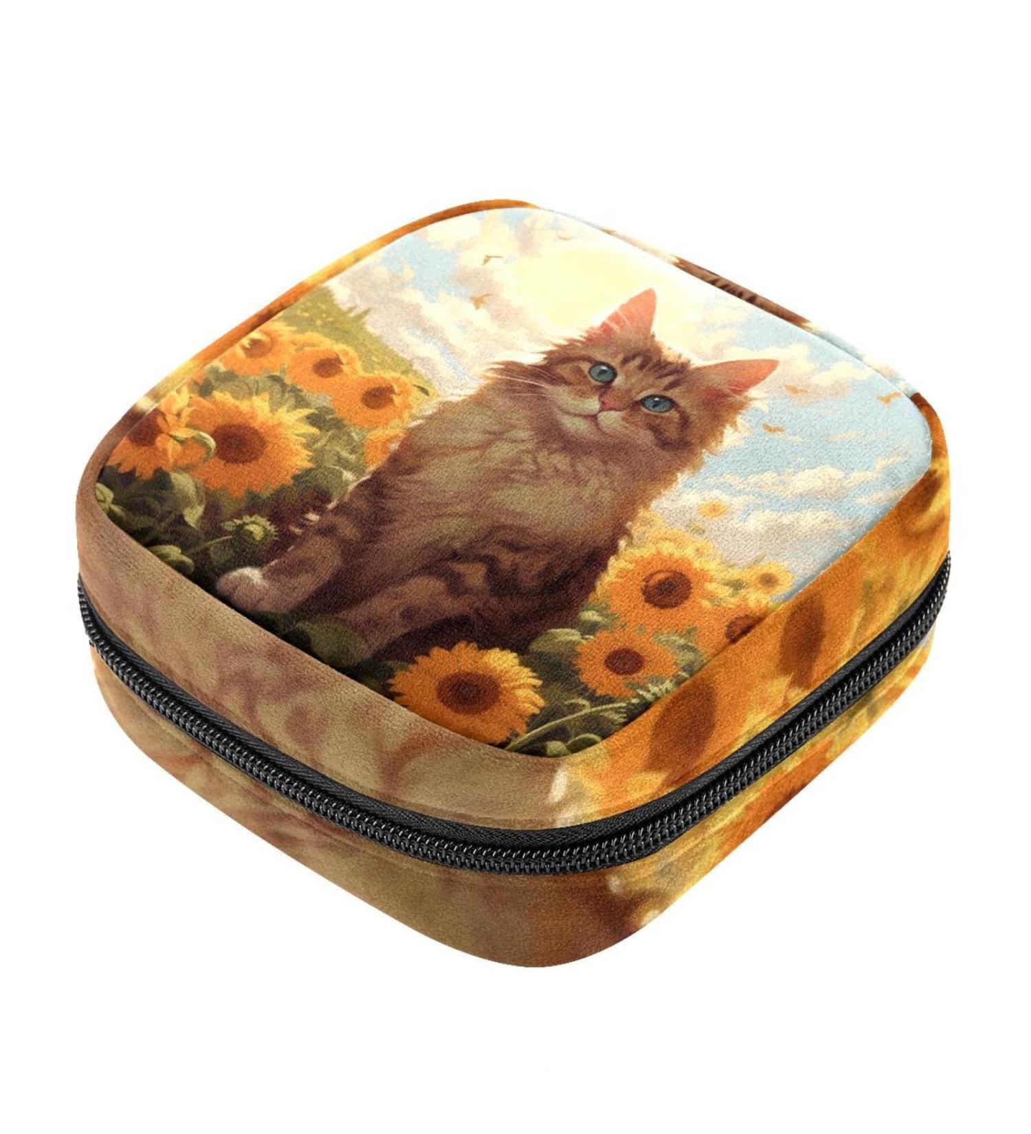 Menstruation Pad Bag with Zipper - Stylish Women's Napkin & Tampon Collection Bags (Sunflower Flowering Cat) - Color 4 - Buy Online on GoSupps.com
