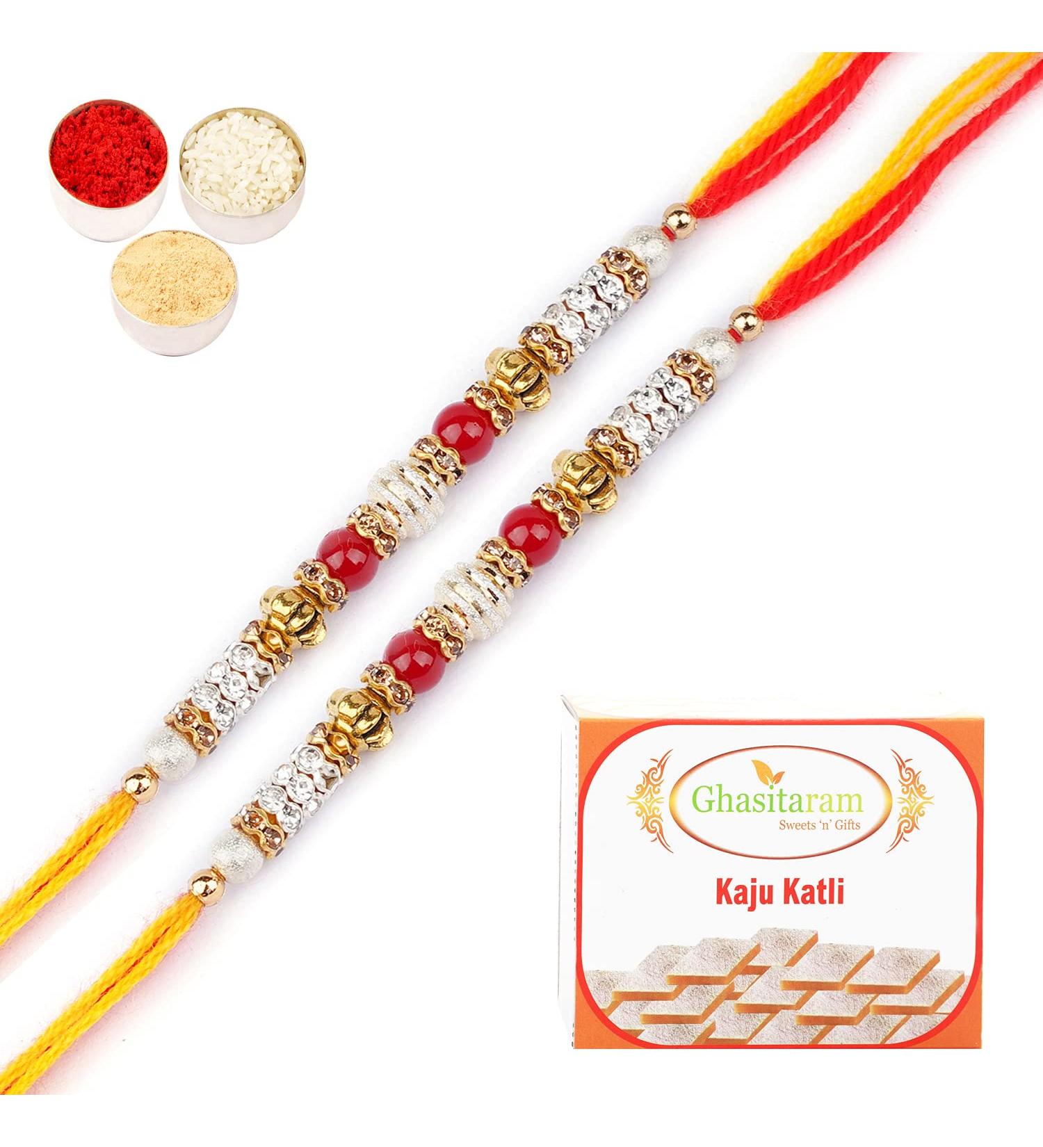 Ghasitaram Gifts Rakhi for Brother Rakhis Online -Set of 2-6981 Fancy Thread Rakhi with 200 GMS of Kaju katli - Buy Online on GoSupps.com