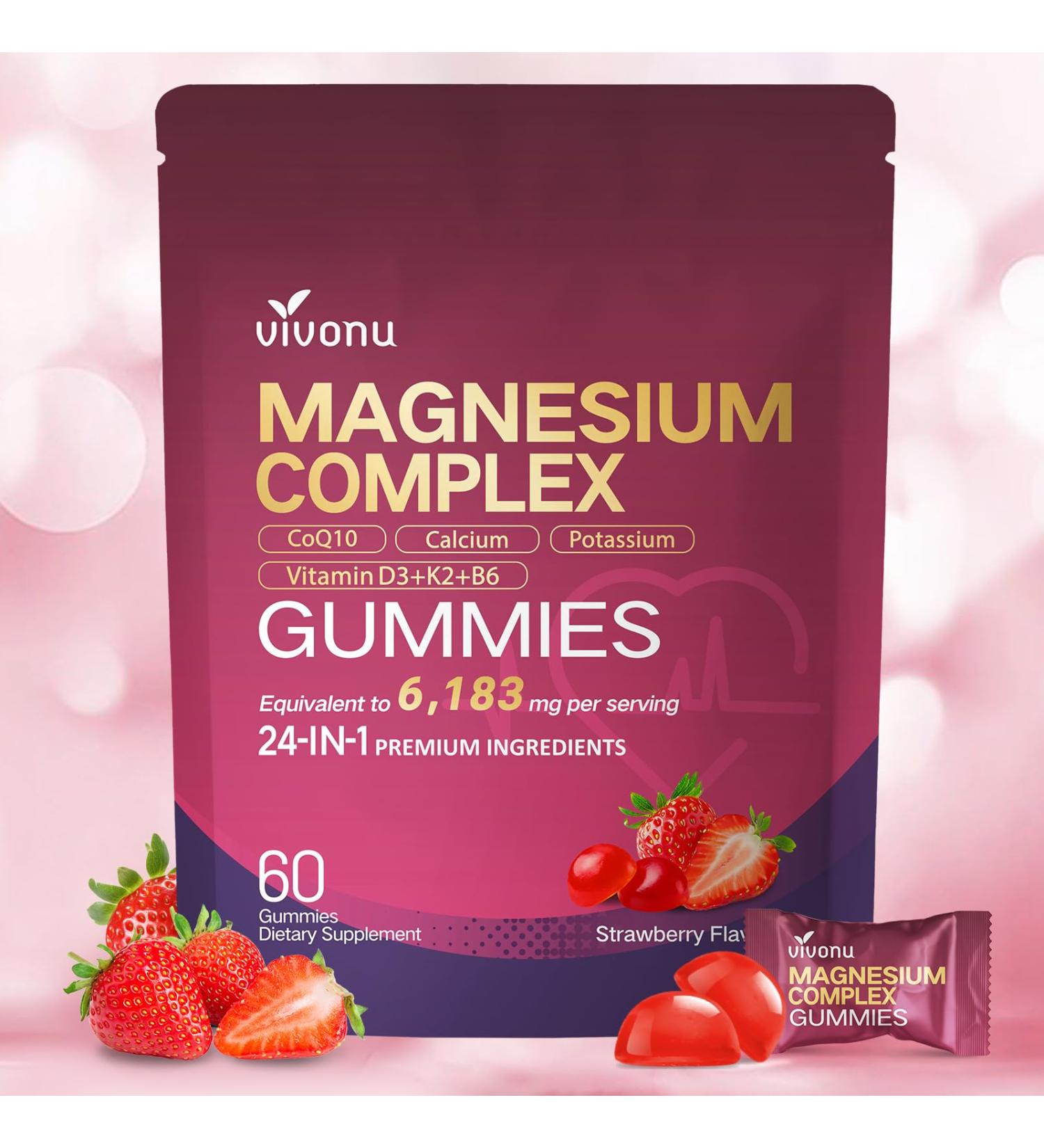 24-in-1 Magnesium Complex for Women & Men 6183mg Per serving Strawberry Flavor Gummies with Magnesium Glycinate CoQ10 Vitamin D3 K2 B6 Calcium & More Support Heart Stress Sleep Muscle 60 gummy - Buy Online on GoSupps.com