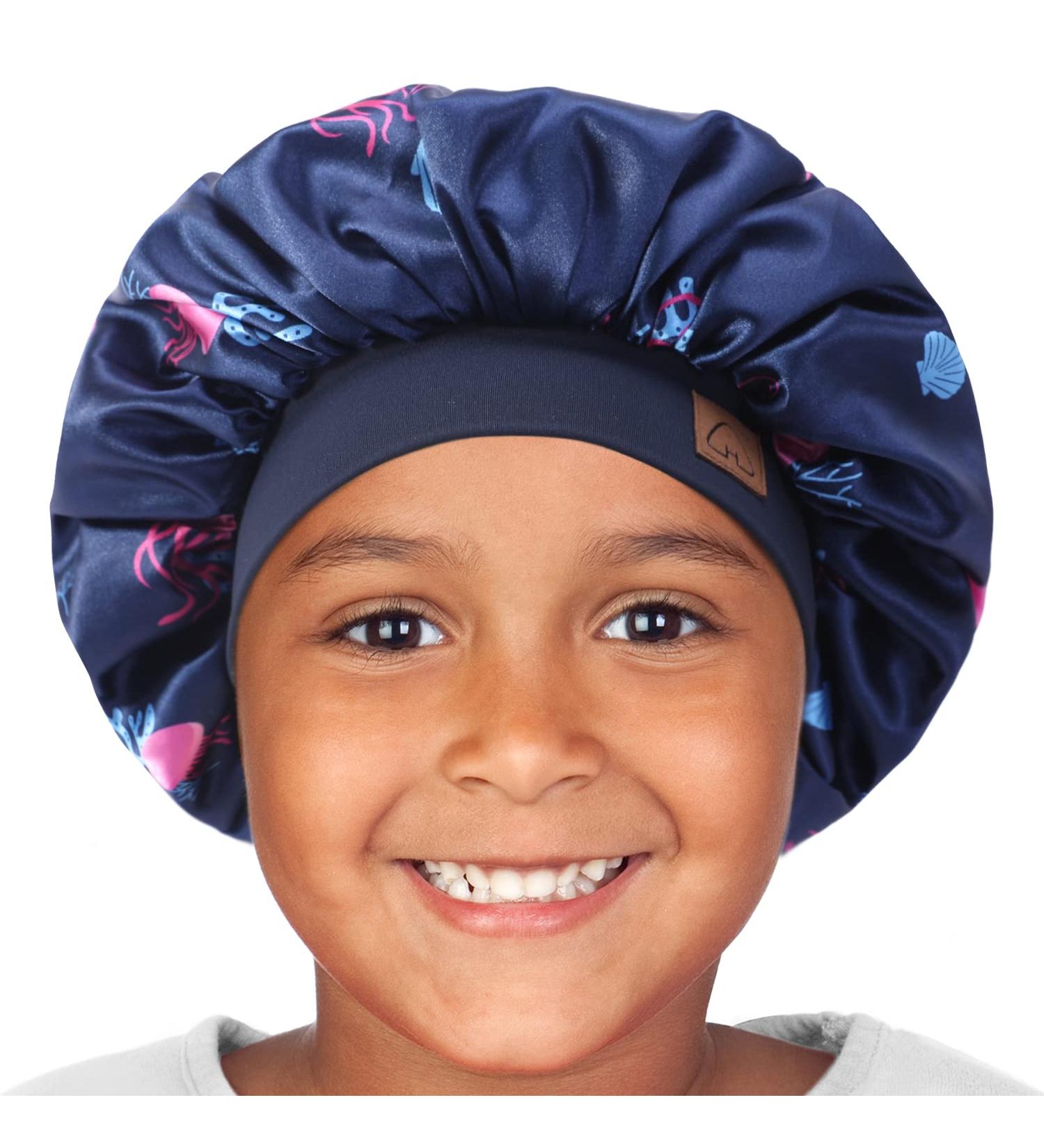 Kids Satin Sleep Cap for Curly Hair | Adjustable Silk Hair Bonnet for Toddlers 1-8 Years - Deep Ocean - Buy Online on GoSupps.com