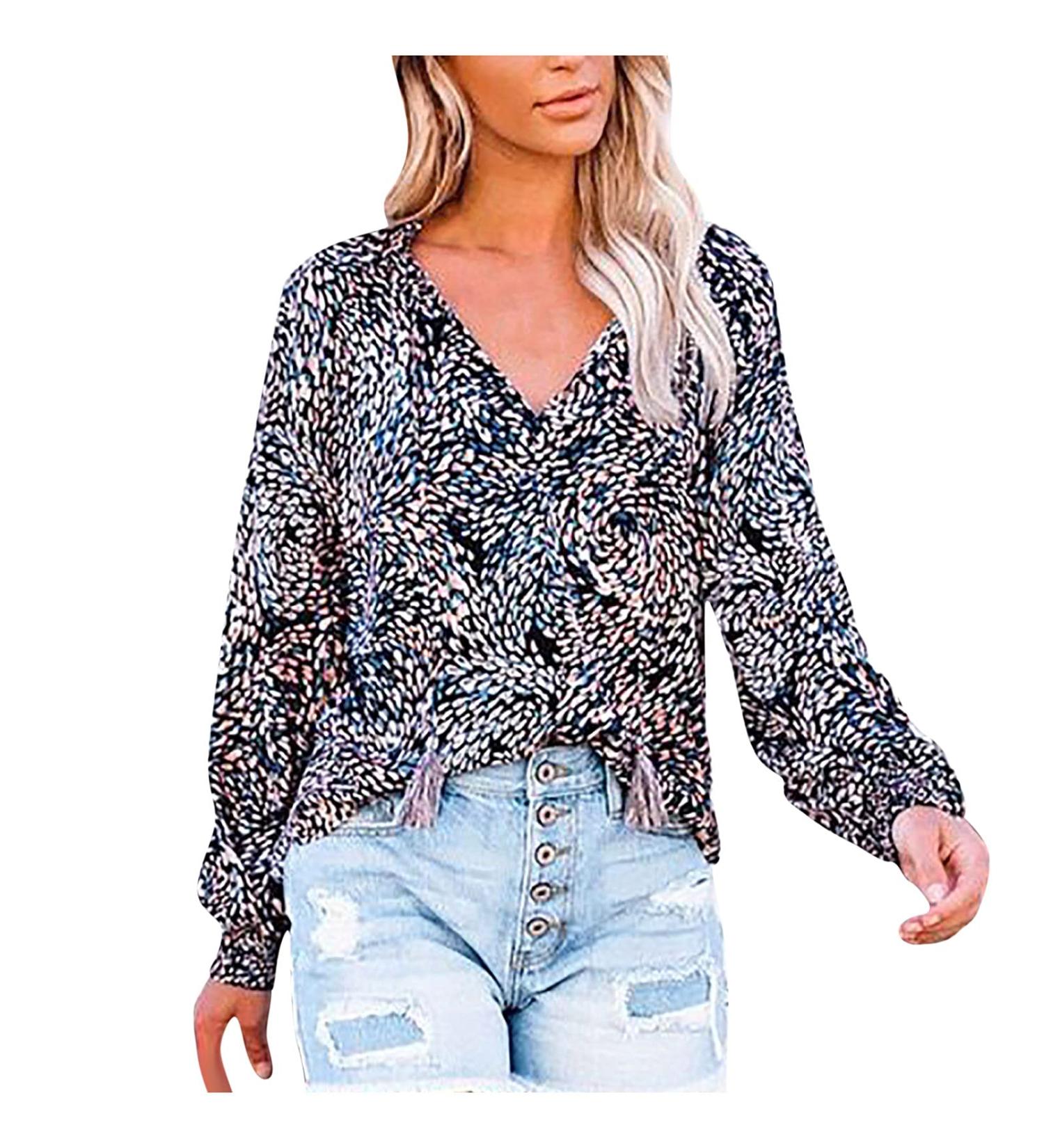 Bohemian Lantern Sleeve Oversized T-Shirt for Women - Black Drawstring V-Neck Blouse | Medium - Buy Online on GoSupps.com