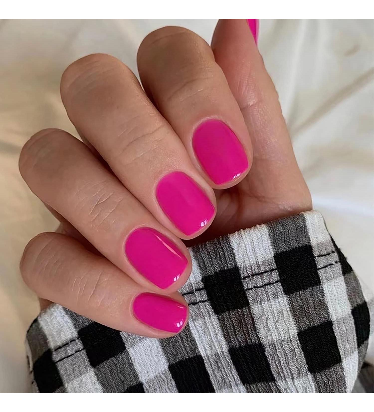 Fuscia Pink Square Short Press On Nails - 24 Pcs Glossy False Nails for Women & Girls | Artifical Acrylic Nails with Designs - Style 14 - Buy Online on GoSupps.com