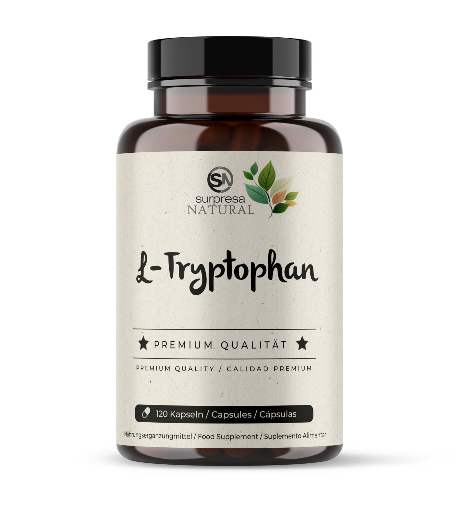 Surpresa Natural L-Tryptophan Pack of 120 high-dose 500mg capsules made from plant-based fermentation pure essential amino acid tested